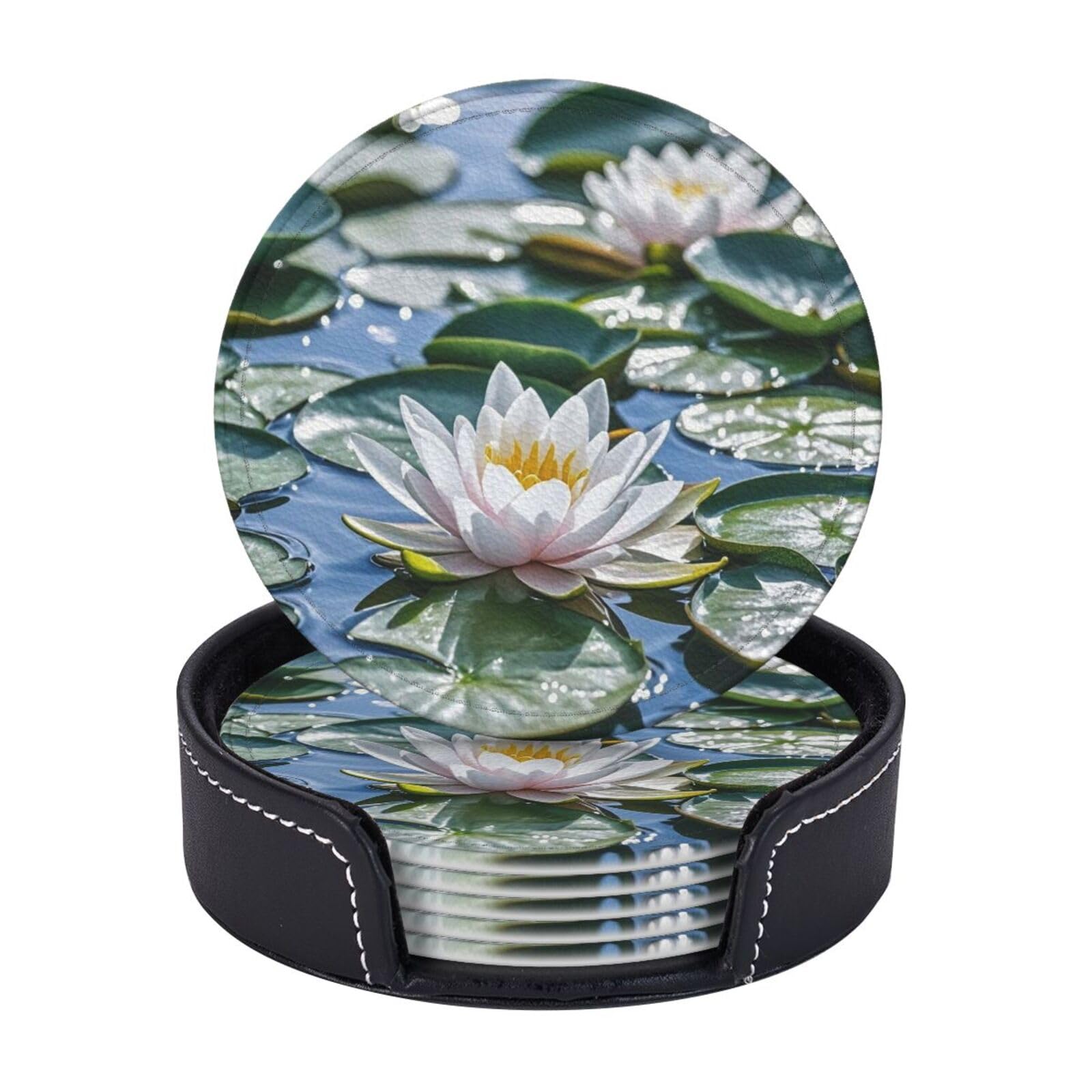 Drink Coasters Heat Resistant Leather Coaster Set of 6 for Drink Water Lily Pond Coffee Cup Mat Round Tabletop Protection Pad with Holder 4"