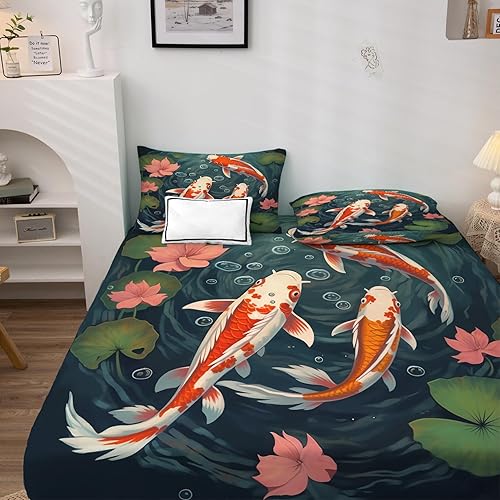 Miniatura 8 de Koi Fish Sheets Queen Size, Flower Japanese Bed Sheets, Patterned Bedding Sheets & Pillowcases 4 Piece Set - Soft Microfiber Deep Pocket Fitted