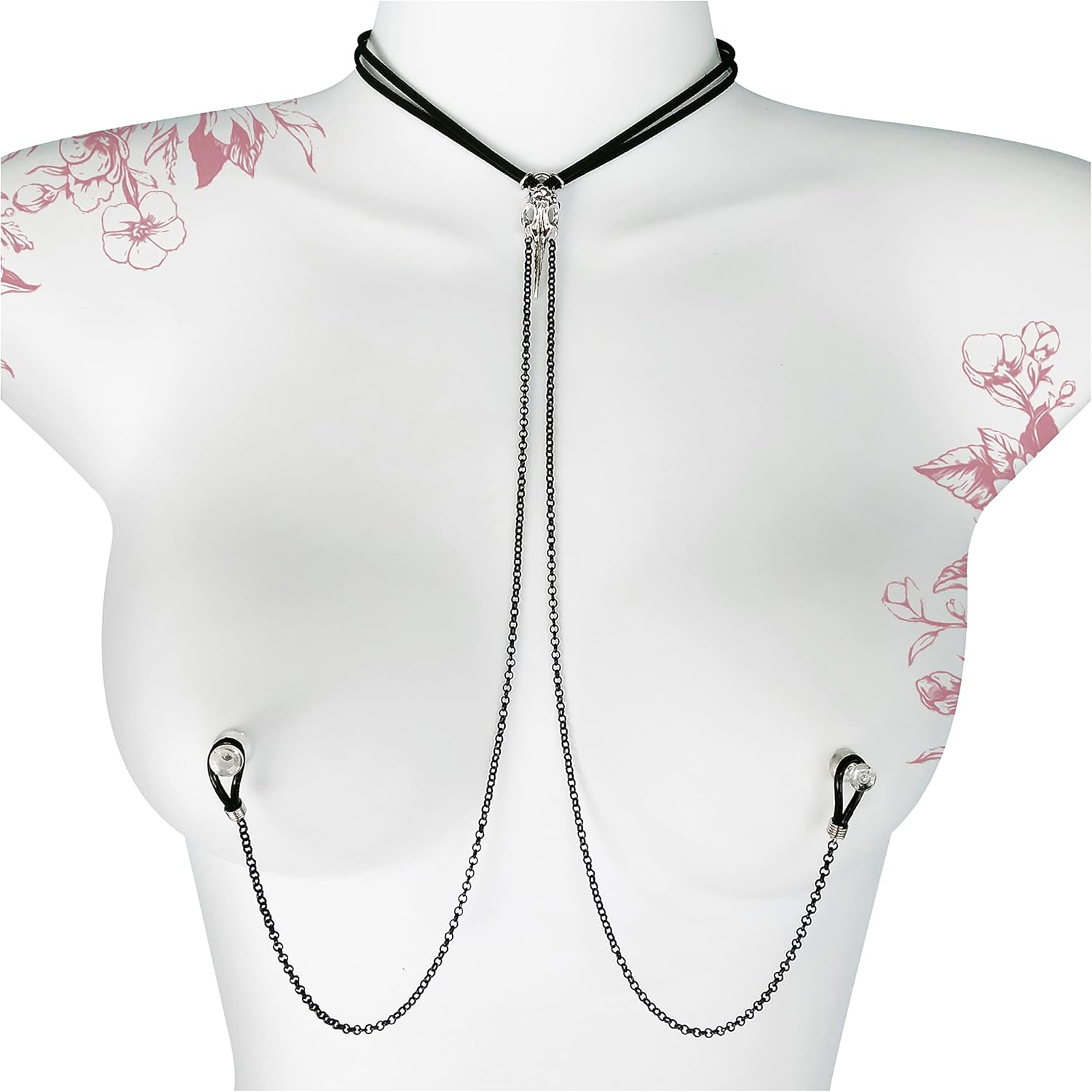 Leather Choker to Nipple Nooses with Bird Skull - Gothic Black Necklace with Chain to Nipples - Intimate Collar with Chain