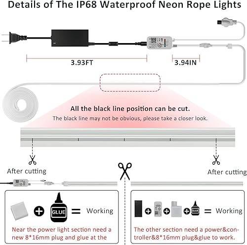Miniatura 8 de FAUYES Tira de luces LED, 32.8 pies LEDIC luces de neón para dormitorio, diseño impermeable IP67 para bricolaje, sincronización de música, múltiples