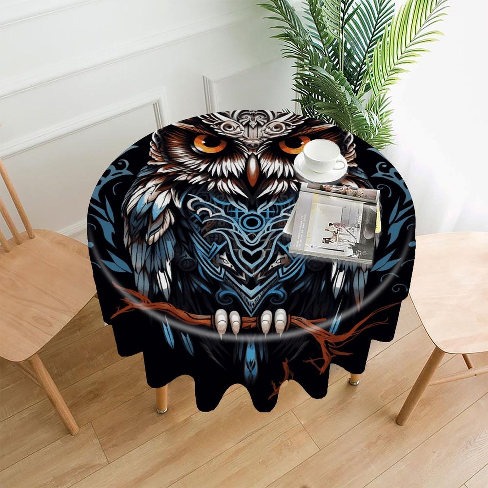 FekiLoot Round Owl Tablecloth Decorative Fabric Table Cloth Wrinkle Free Circle Dining Tablecover Washable Polyester Table Cover for Holiday Dinner Party Decor 60"