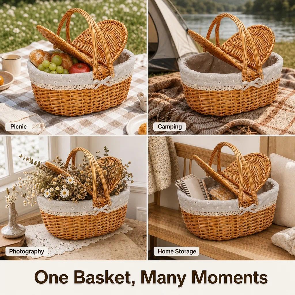 Panier de pique-nique en osier avec couvercle - Panier à provisions tressé avec poignée et doublure - Panier à champignons - Panier en osier pour le camping, les pique-niques, la cueillette et les