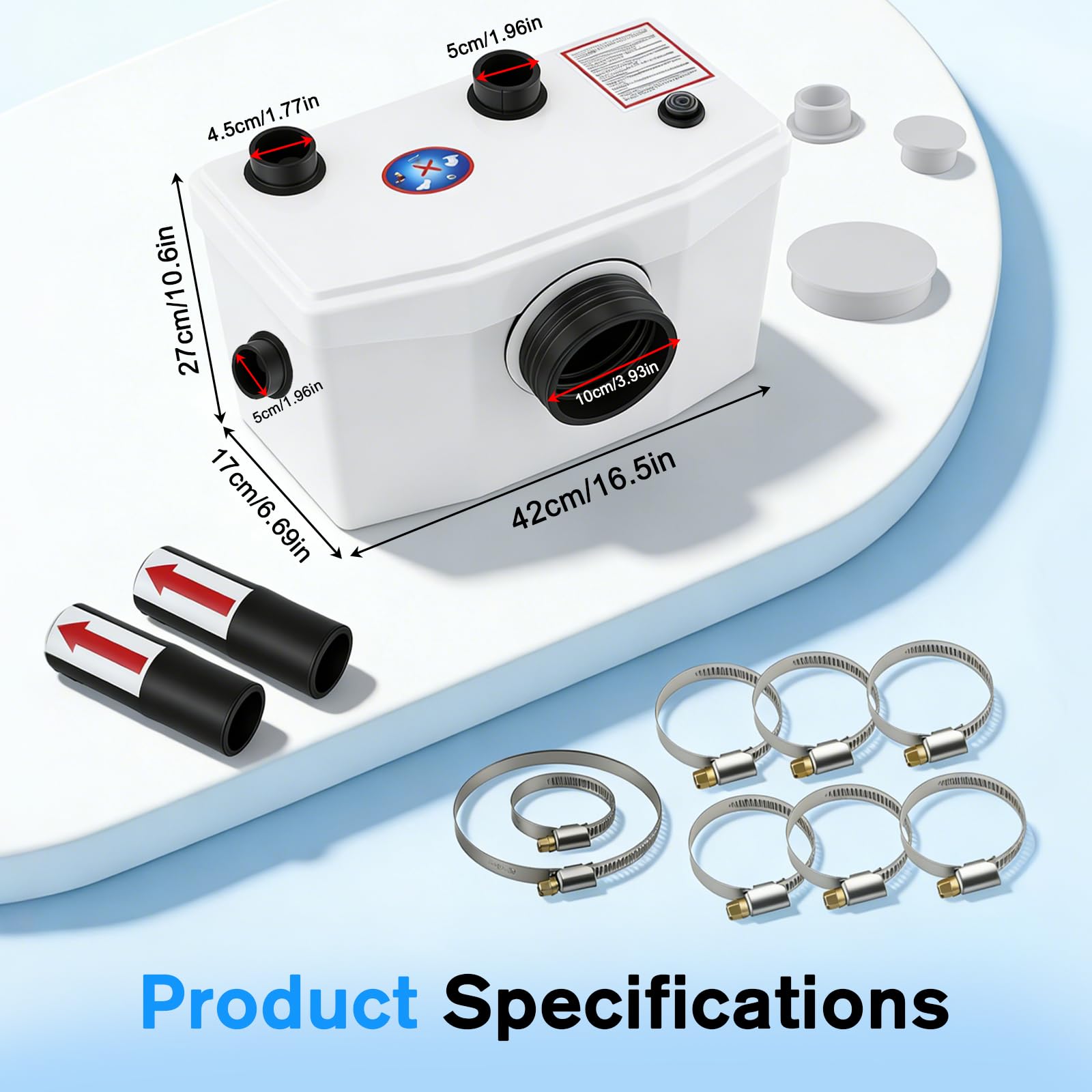 Triturador Sanitario 600W, Bomba trituradora aguas residuales silenciosa, Trituradora Sanitaria con Motor de Cobre, 240L/min, 8m de Altura, 3 Entradas para WC, Ducha, Lavabo, Lavadora y Condensación