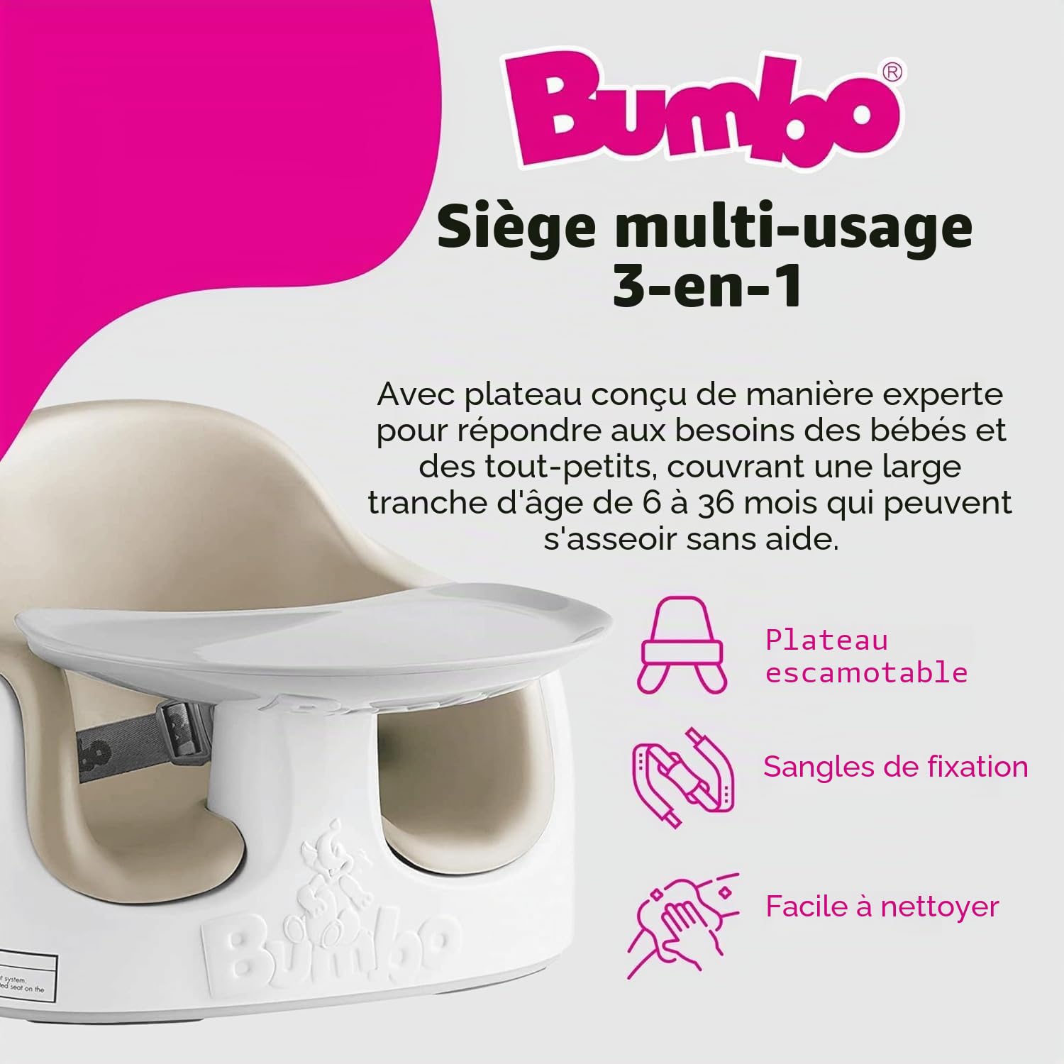 Bumbo Rehausseur avec plateau amovible pour chaise de salle à manger avec harnais de sécurité pour les tout-petits et bébés de 6 à 36 mois - Multifonction - Taupe