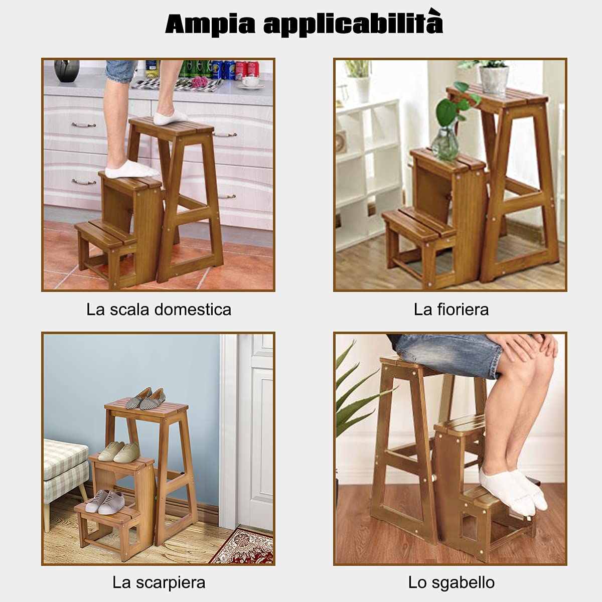 DREAMADE Sgabello Scaletta in Legno Sedia Scala Richiudibile a 3 Gradini per Casa Negozio (Marrone Chiaro)
