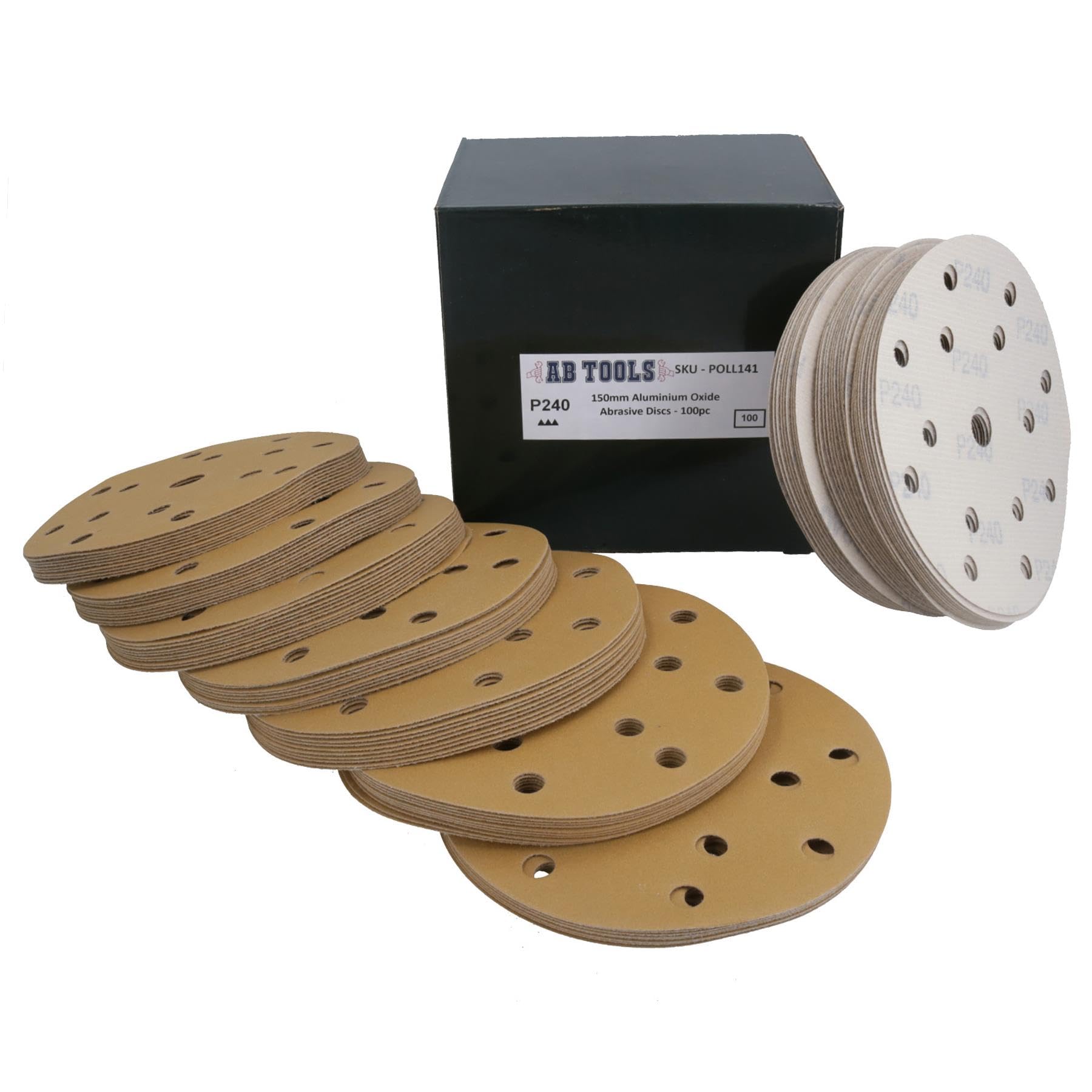 Discos de lijado de 150 mm, óxido de aluminio abrasivo, grano 240, gancho de 15 agujeros + bucle, 200 unidades