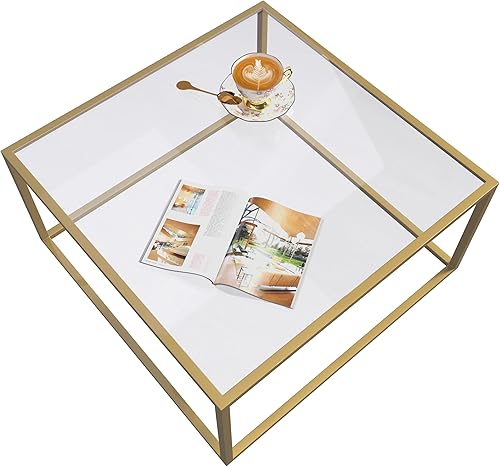 Miniatura 9 de SAYGOER Mesa de centro dorada moderna de cristal para espacios pequeños, mesa central cuadrada simple para sala de estar, oficina en casa, 26.7 x