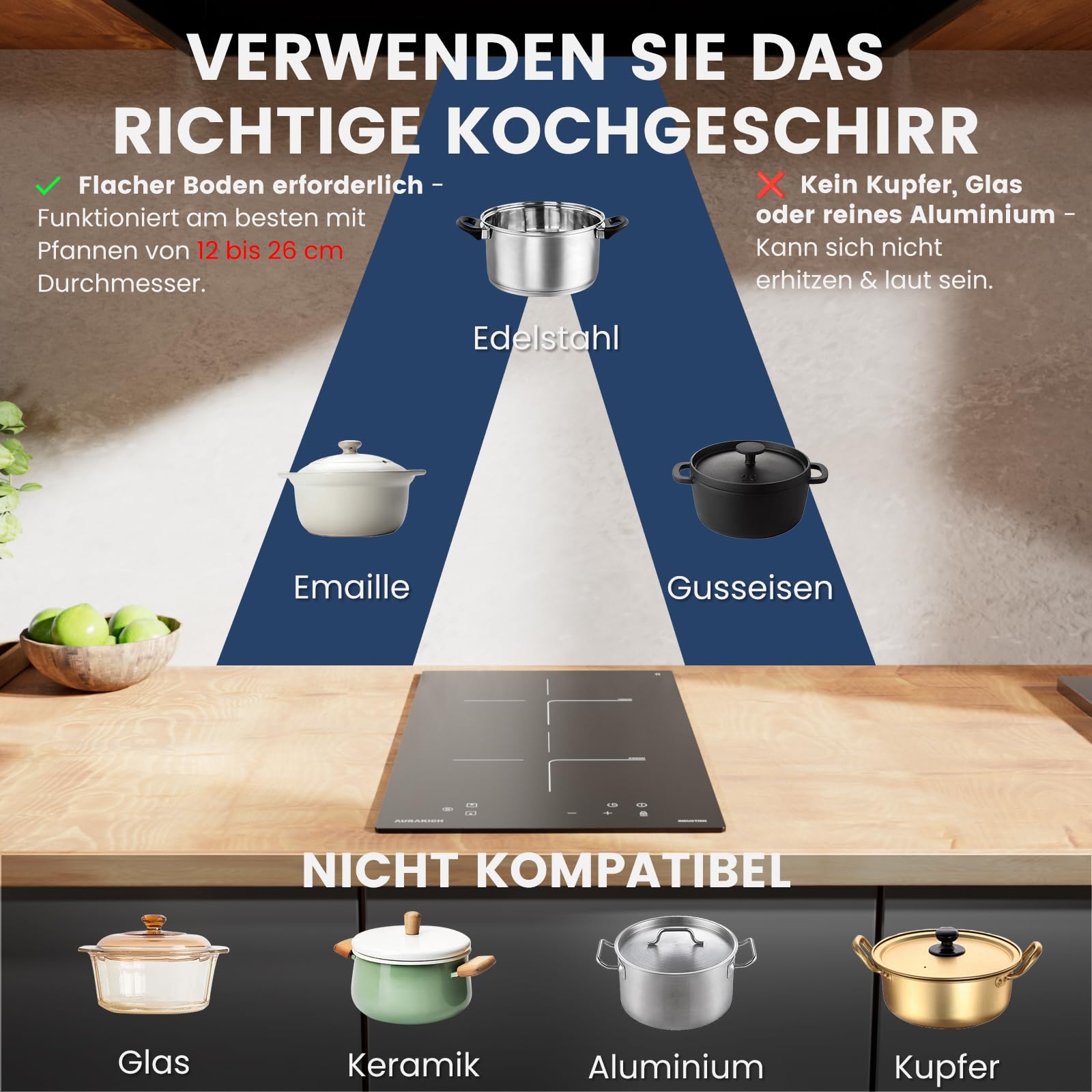 Induktionskochfeld 2 Platten Einbau mit Kratzfeste Glaskeramik | Induktionskochplatte mit VDE-Stecker & Ceranfeldschaber, 3800W Boost, Touch-Control, 2 Jahre Garantie, 9 Leistungsstufen