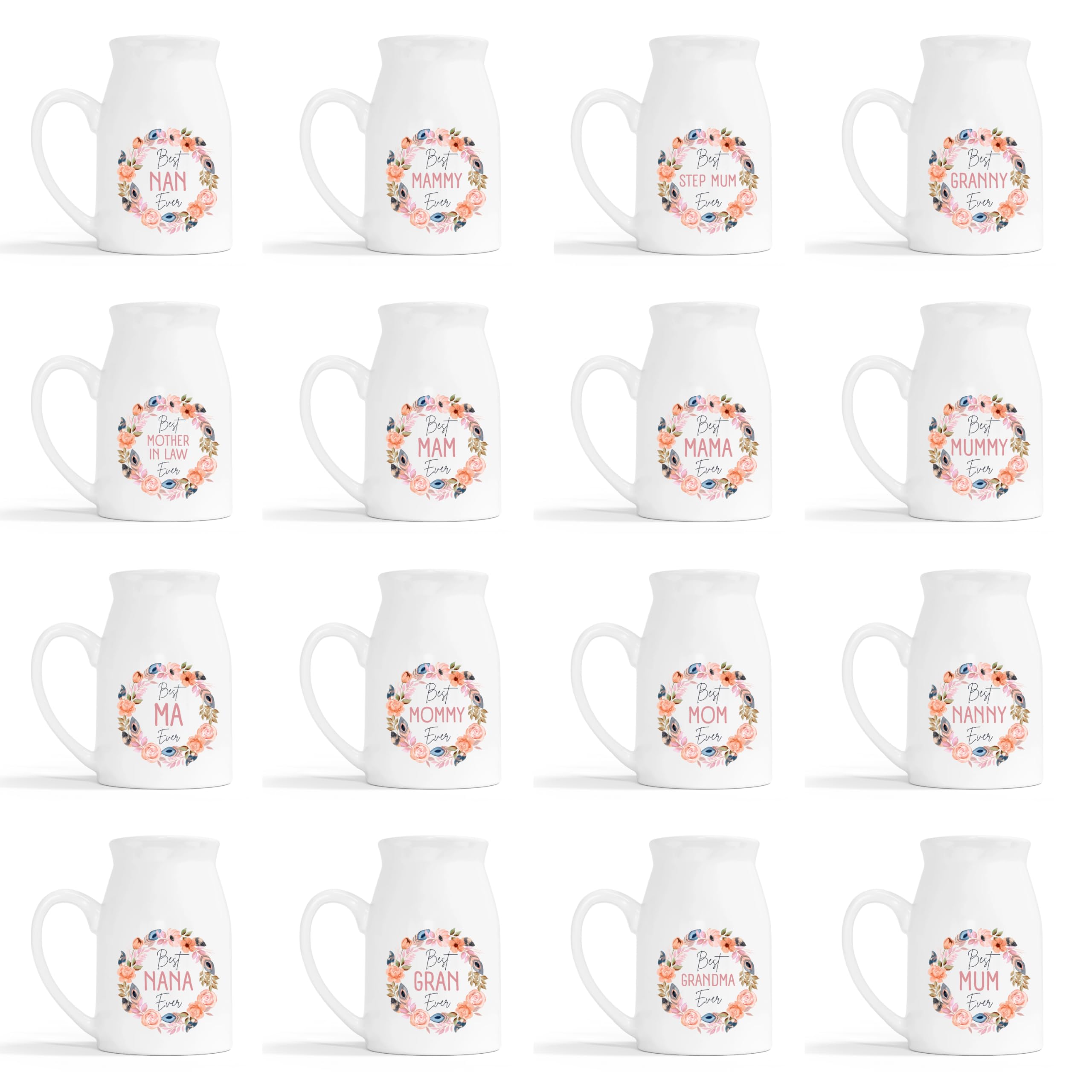 Mothers Day Milk Jug Vase - Best Mommy Ever Flower Wreath Ceramic Vase - Mothers Day Mum Mothering Sunday Mummy - White Vase 450ml