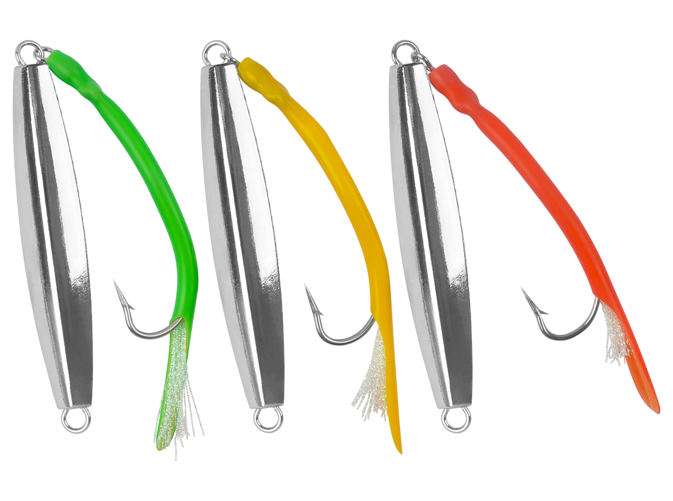 3pcs Diamond Jigs Fishing Lures Saltwater Jigging Spoons with Tube Tail Flashing Teaser Stainless Steel Hook for Offshore Surf Fishing Trolling Striped Bass Cod 1oz 2oz 3oz 4oz