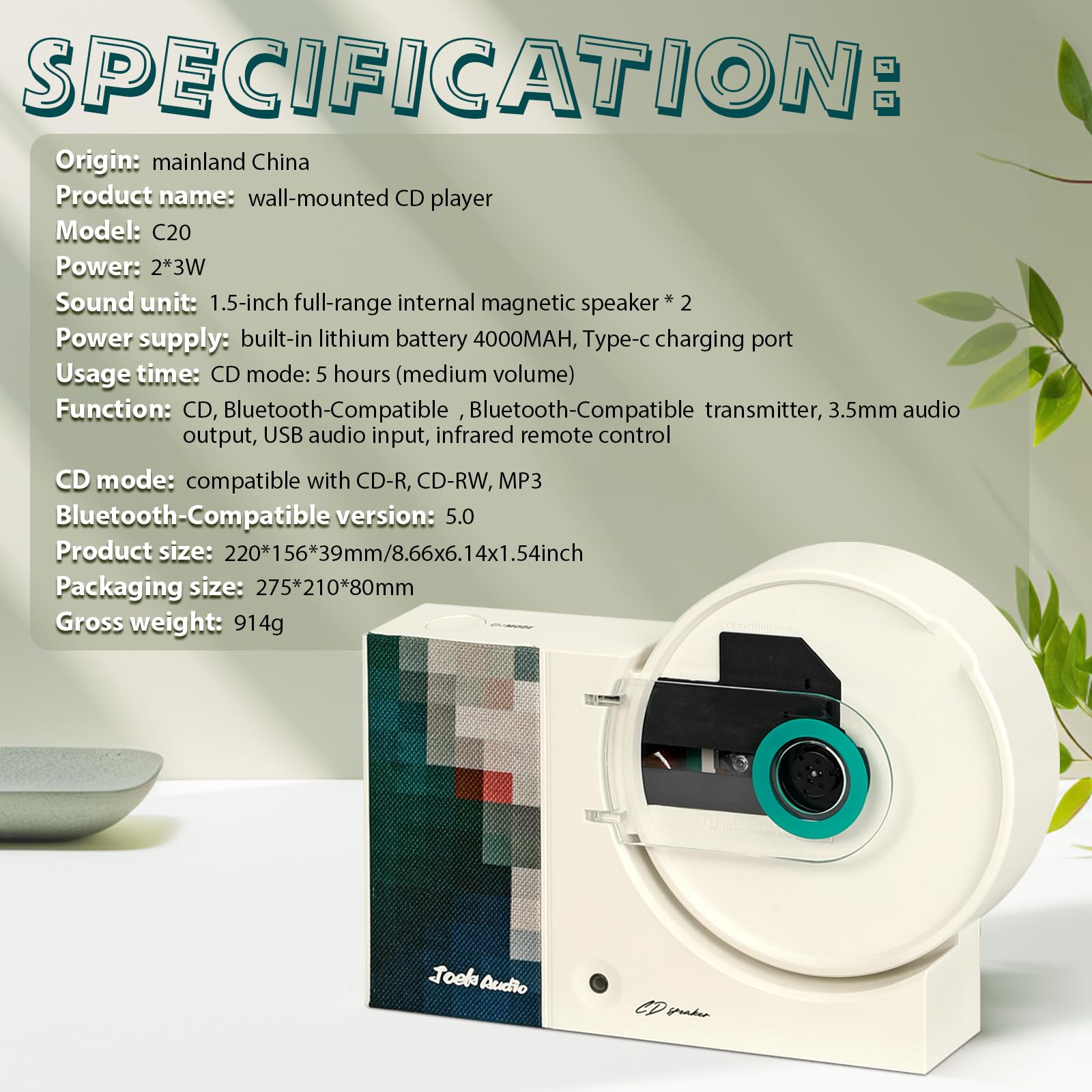 Reproductor de música retro de CD para montaje en pared, USB, Bluetooth, entrada AUX, altavoz de audio para el hogar, 4000 mAh, con control remoto para decoración del hogar (verde)