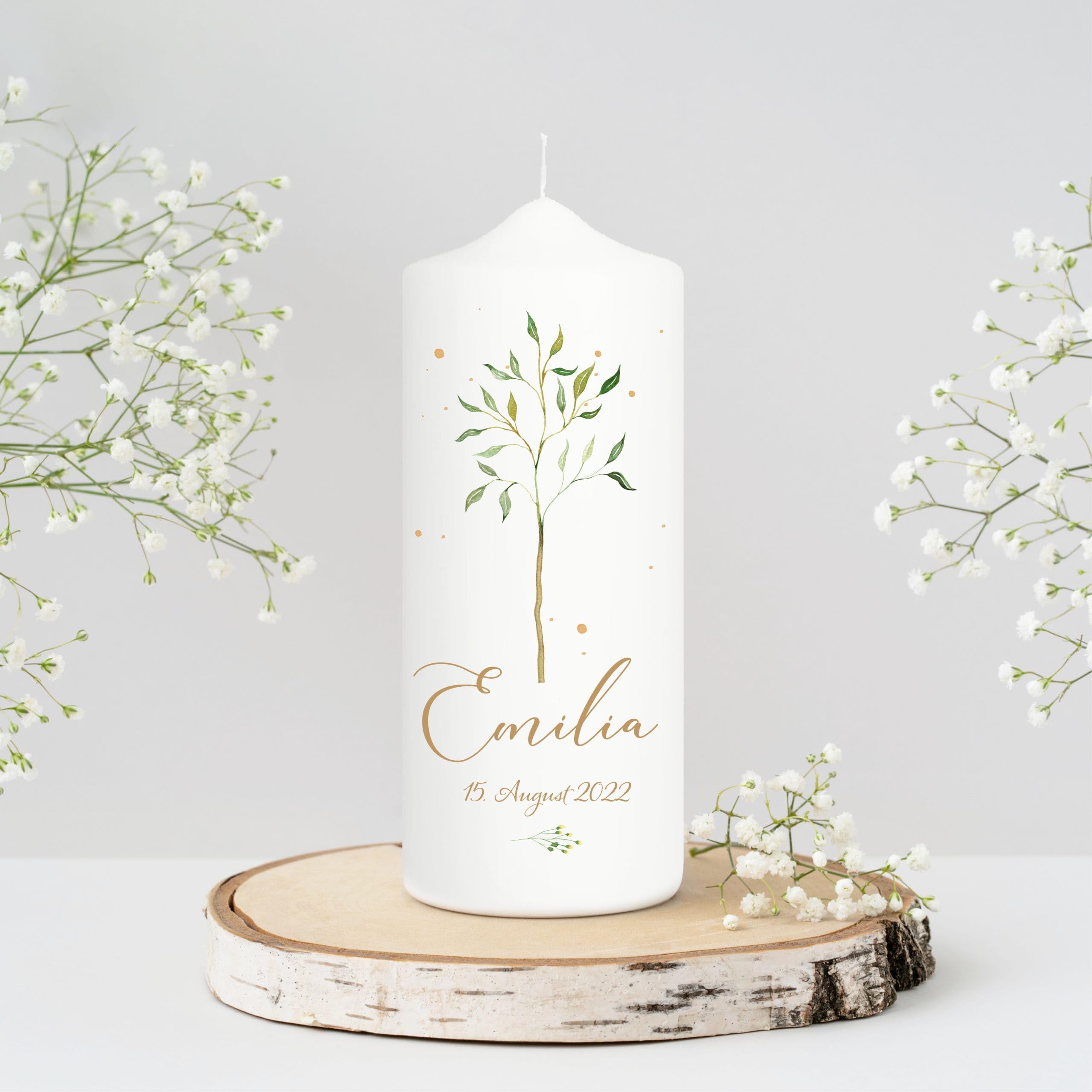 Bougie Baptême personnalisée Fille Garçon motif Arbre de vie – Cierge Baptême avec prénom et date – Cierge de parrainage – Bougie imprimée – Cadeau parrain marraine – 18 x 7 cm