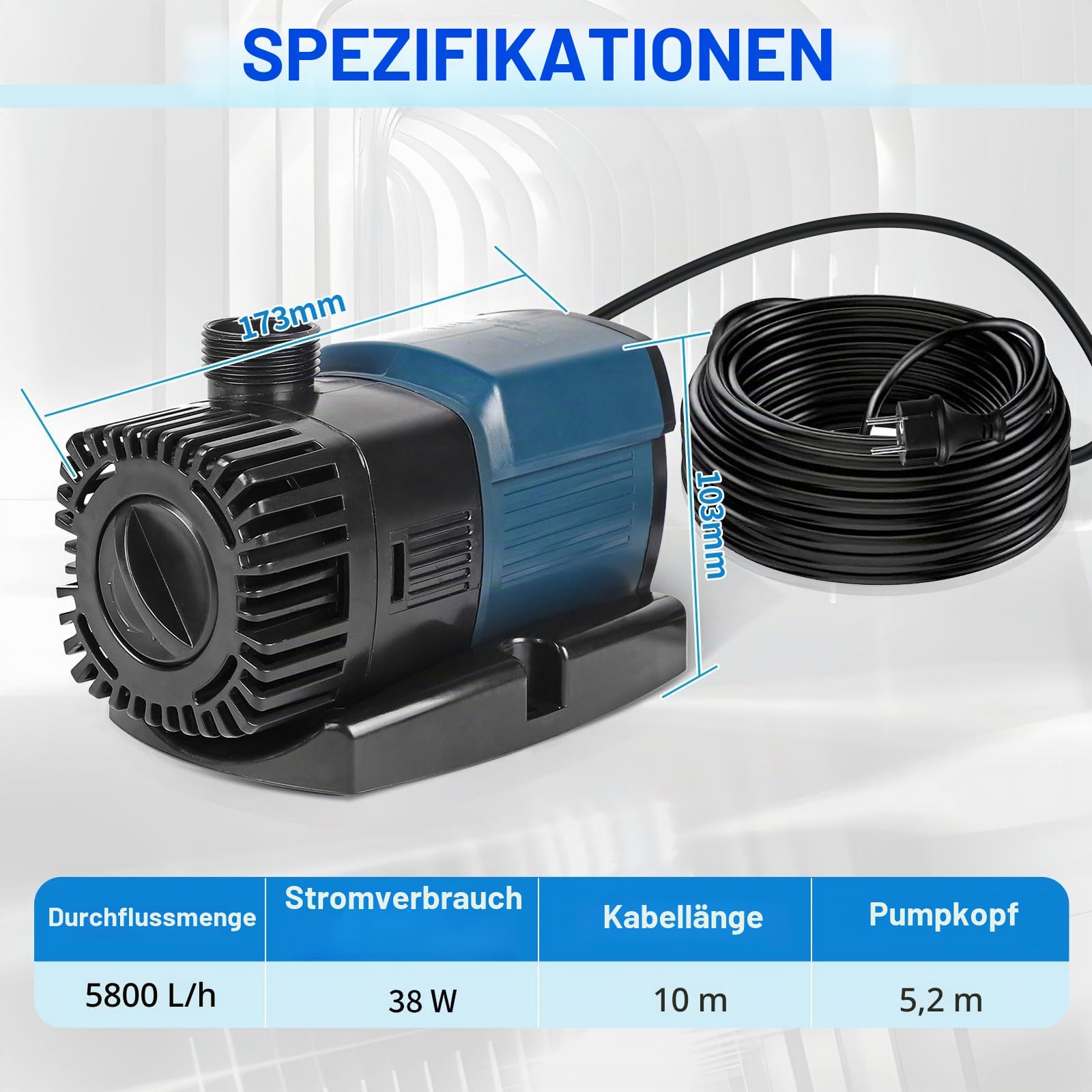 SWAWIS Teichpumpe mit Filter 38W 5800L/H Wasserpumpe Energiespar Aquarium Pumpe Max. Förderhöhe 5,2M Kabellänge 10M Tauchpumpe Springbrunnenpumpe Bachlaufpumpe