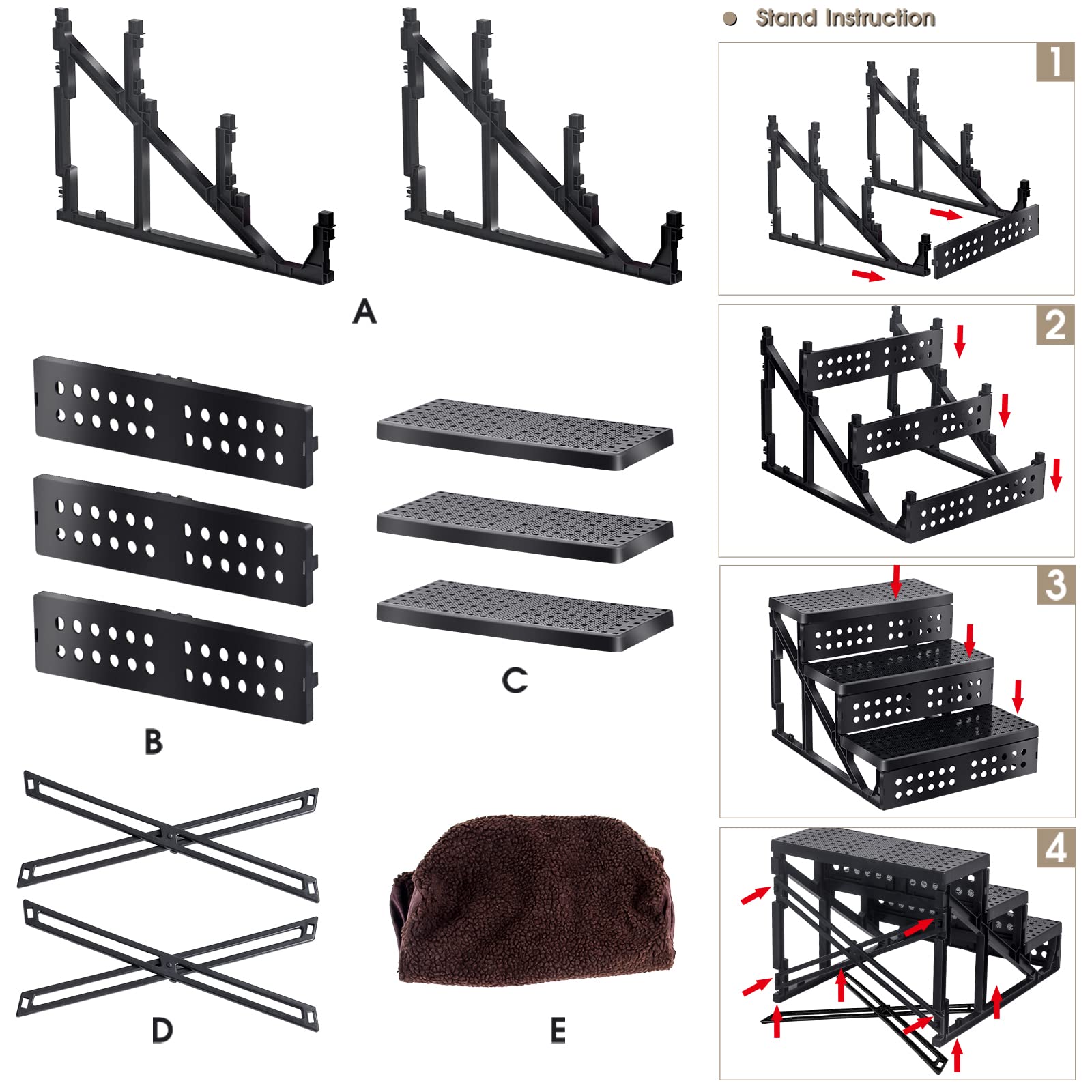 Plastic Dog Stairs Steps for High Beds&Couch,Non-Slip 3 Tiers Pet Steps with 1 Dog Rope Ball&Pet Gloves,Sturdy Dog Ramp for Small Dogs&Older Cat,Removable and Washable Stairs Cover,Easy Assembly,Brown