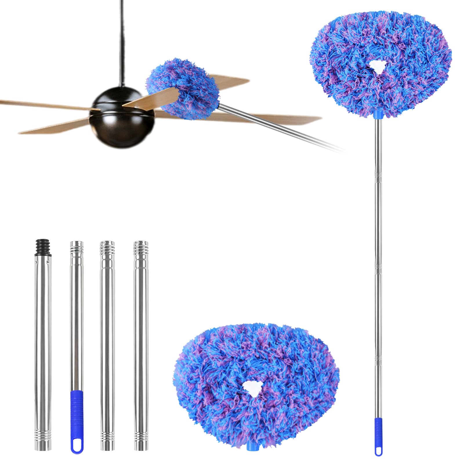 Ceiling Fan Cleaner Duster Reusable Microfiber Ceiling Fan Blade Cleaner Removable Duster with Extension Pole Adjusts 13 to 49.7 Inch for Cleaning Walls Furniture Door Window Top (Blue Pink)