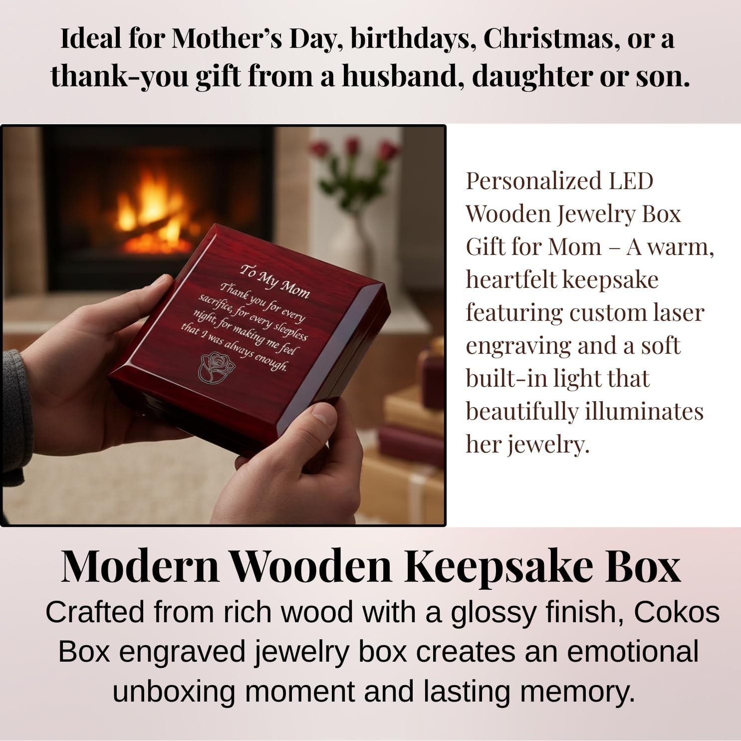 Necklace Box with LED Light – Small Jewelry Display Case for Bracelet, Earrings, or Chains – Luxury Lighted Wooden Presentation Box for Gifts, DIY Crafts (Custom Mom, 5 X 5 Inch)