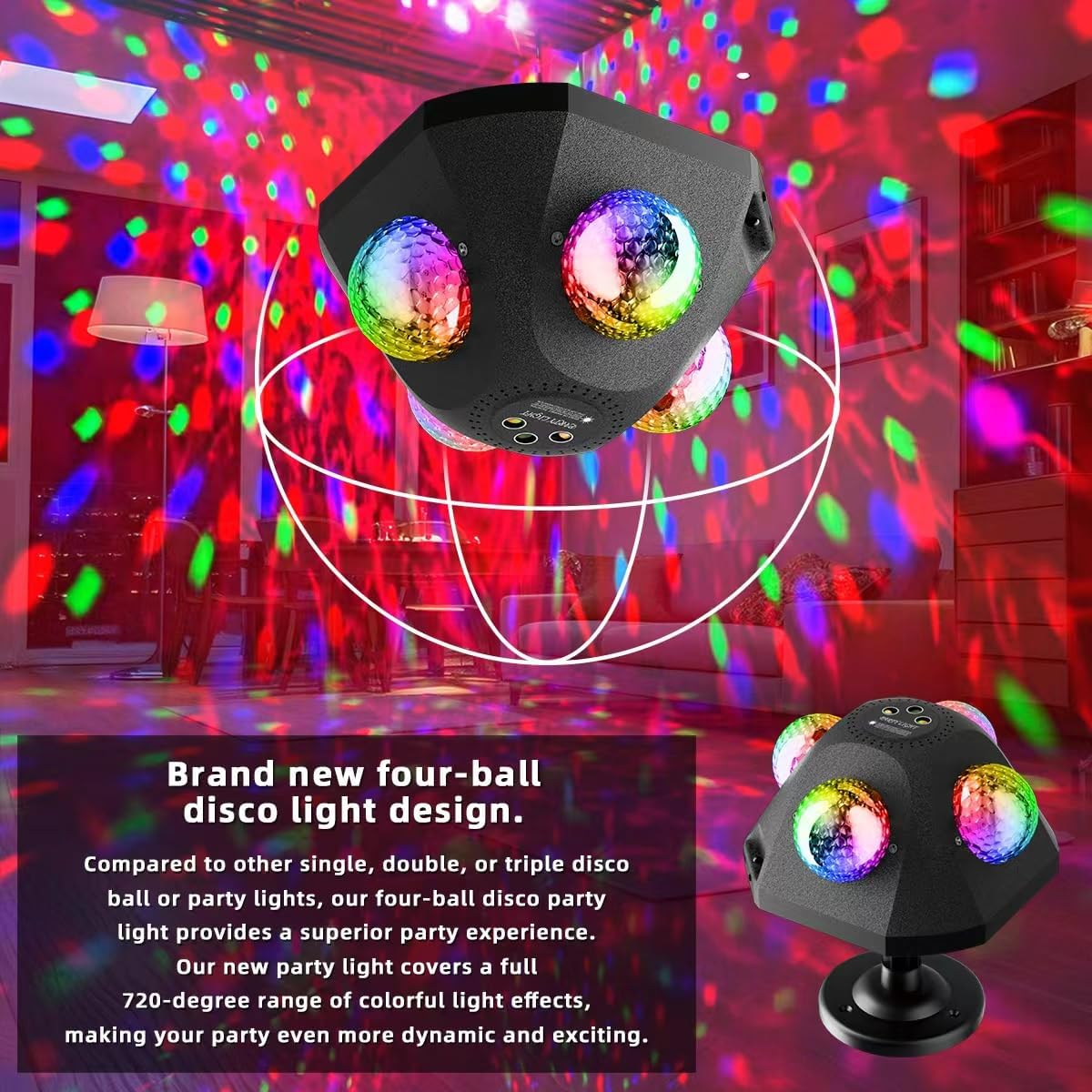 4 Disco Ball in 1 Party Lights Indoor Outdoor, Dj LED Lights for Parties Decor Strobe Sound Activated Stage Disco Light with Remote for Karaoke Birthday Wedding Club Christams
