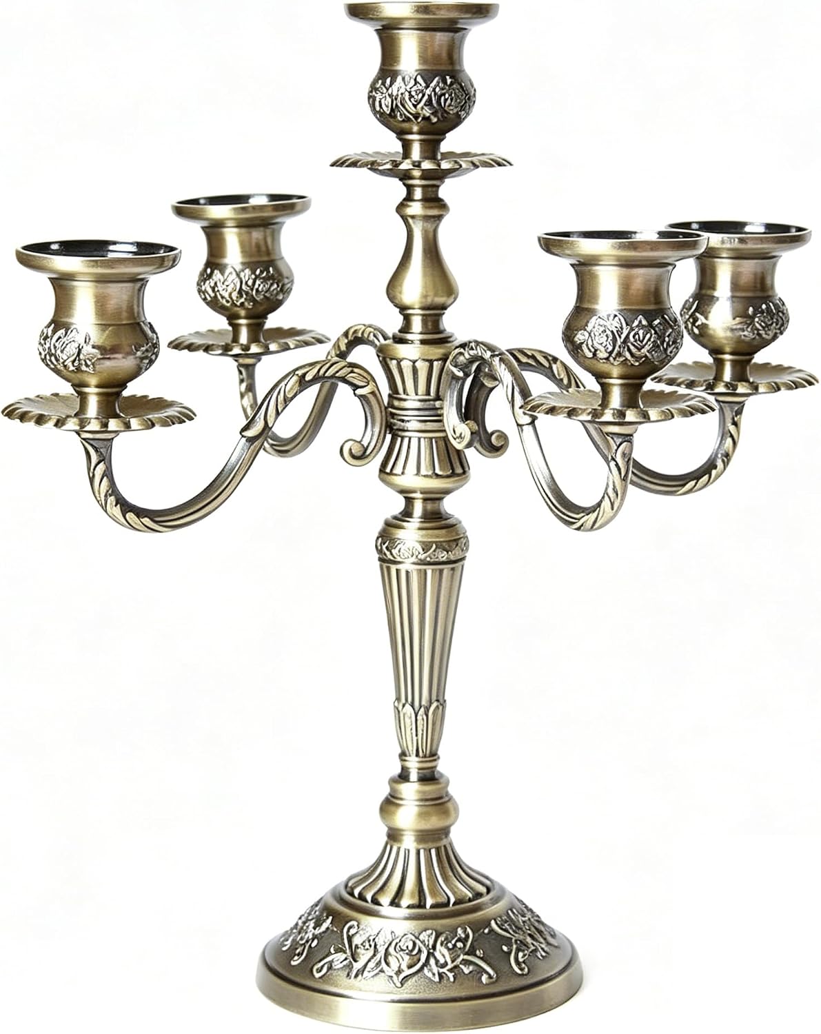 5-Arm Antique Bronze Candelabra Candle Holder, European Vintage Style, 12.2x12.2x14.6 Inches, Ideal for Wedding, Dining Table & Home Decor