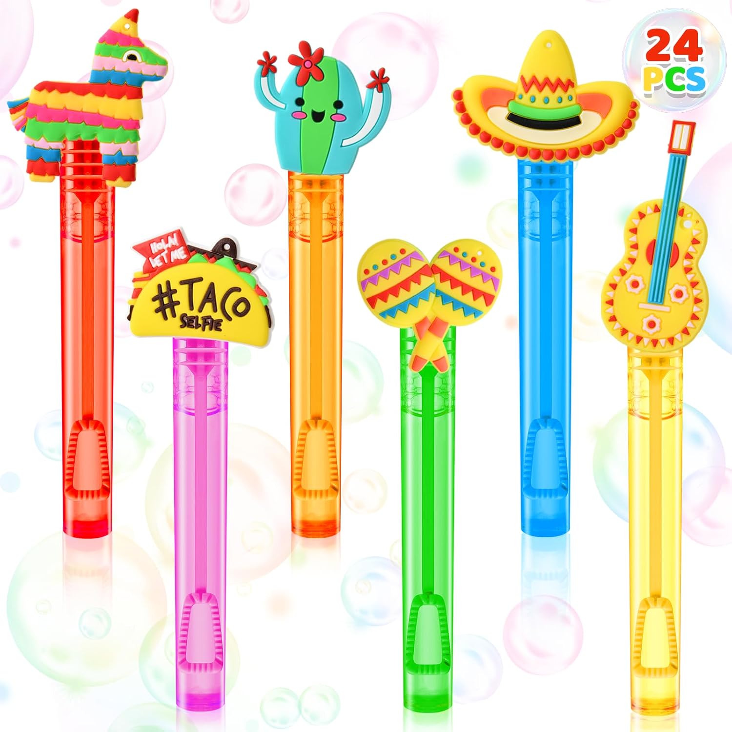 Winrayk Cinco de Mayo Party Favors, 24Pcs Fiesta Mexican Mini Bubble Wands for Kids Bubbles Bulk with Detachable Topper, 6 Styles & Colors (Taco Maraca Llama Cactus Guitar Sombrero), Goody Bag Stuffer