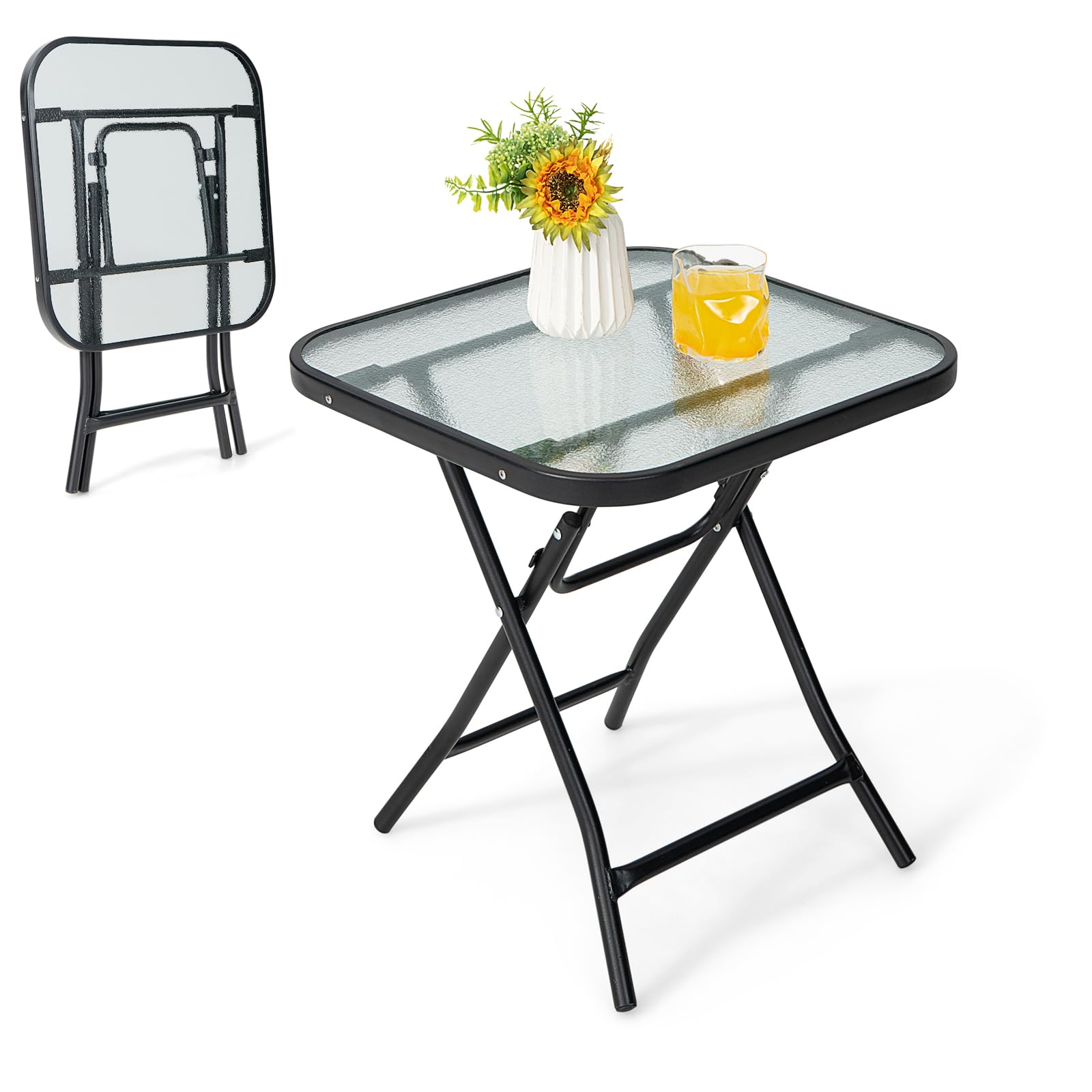 KOMFOTTEU Table de Jardin Pliable, Verre, Carrée, 46,5 x 46,5 x 47,5 cm