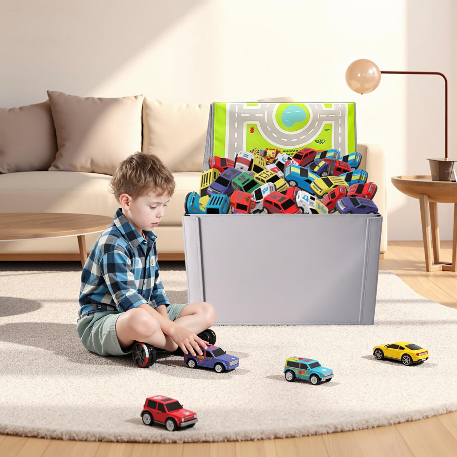 Scatola Portaoggetti per Auto Giocattolo: Garage per Auto Giocattolo per Bambini - Garage per Pieghevole 3 in 1 per Bambini - Organizzatore per e Tappeto da Gioco (Gray)