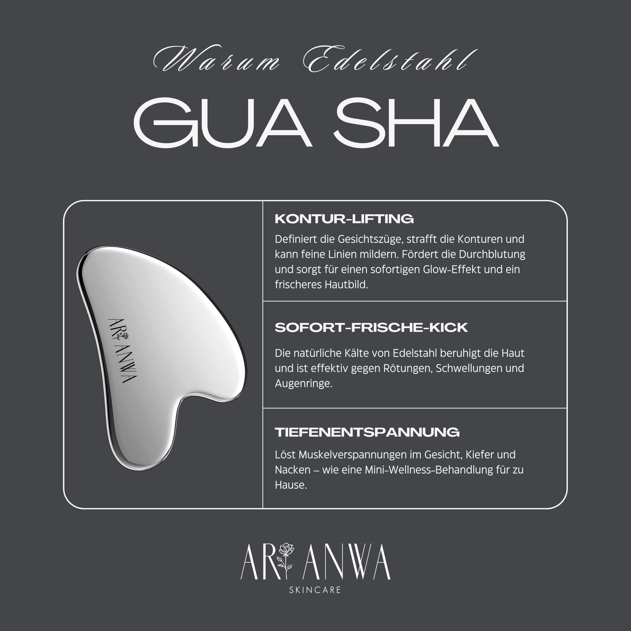 ARI ANWA Premium Gua Sha Edelstahl & Edelstahl Gesichtsroller Set + 3D Massger. Kühlende Gesichtsmassage - Stainless Steel Gua Sha Set