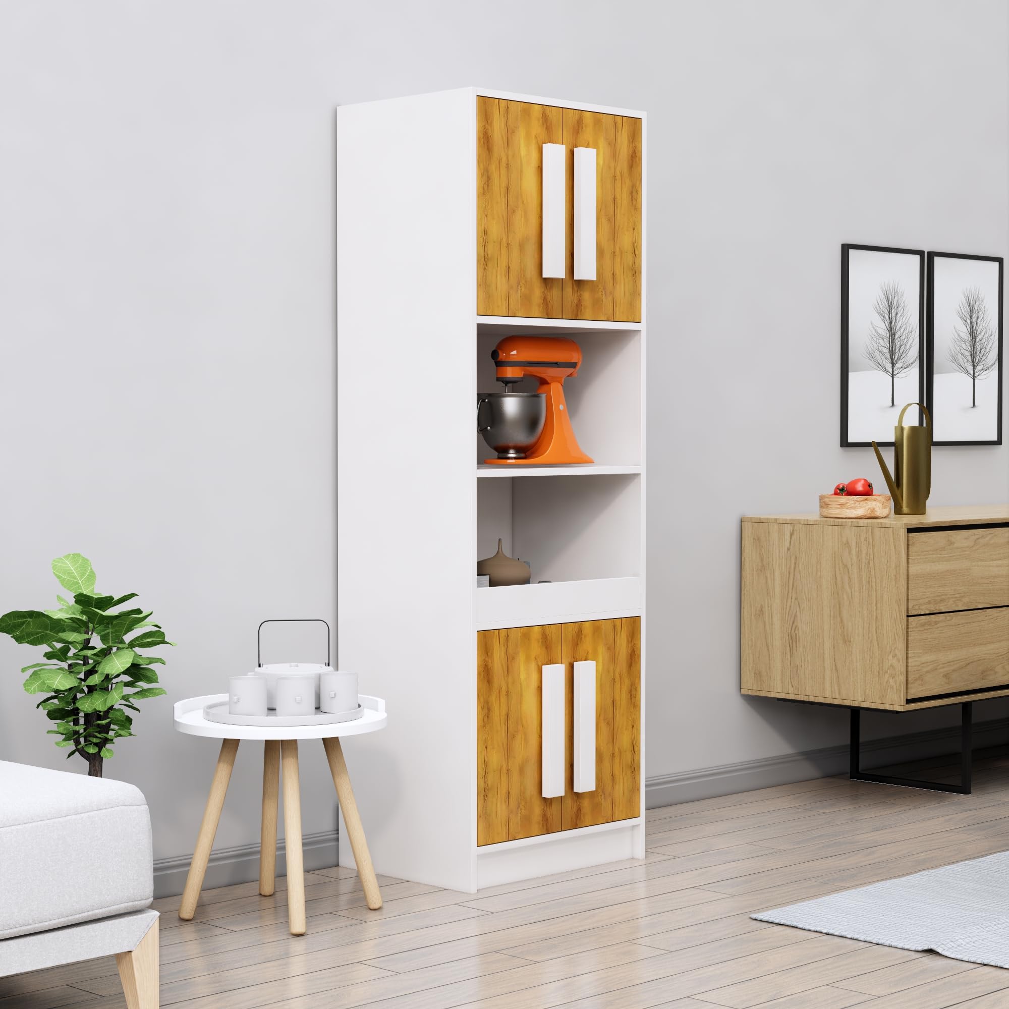 Hexa Red Crockery Unit for Kitchen, Dining Area, Living Room, Wooden Cabinet, Kitchen Cabinet, Display Cabinet, Wooden Storage Cabinet (Frosty White & Gaint Wood)-image-43