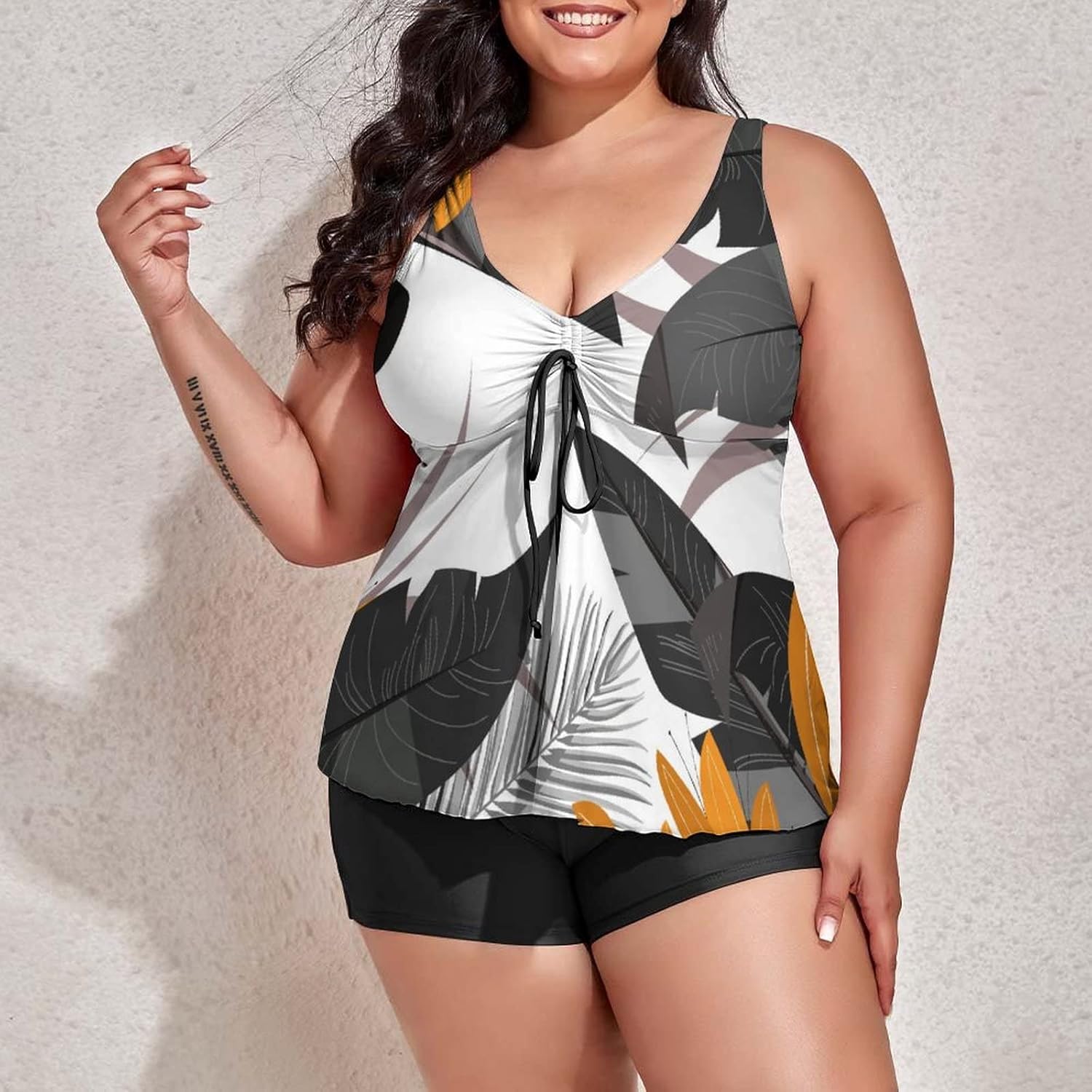 Women Plus Size Tankini Swimsuit Tropical Fruits Two Piece Swimdress Bathing Suit with Shorts Tummy Control Swimwear