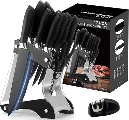Numola Juego de cuchillos de cocina de 17 piezas con bloque y afilador, juego de cuchillos de chef ultra afilados de acero inoxidable antiadherente,