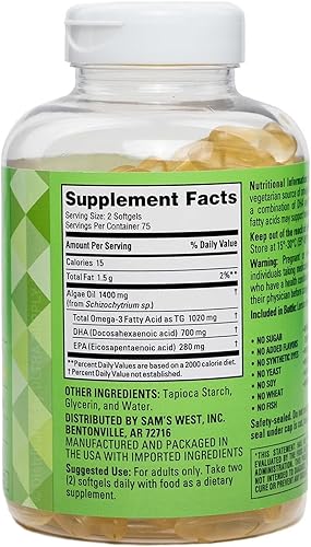 Miniatura 2 de Members Mark - Cápsulas blandas veganas Omega-3 (150 unidades) - Aceite de algas a base de plantas, 1020 mg de omega-3 con 980 mg de DHA + EPA,