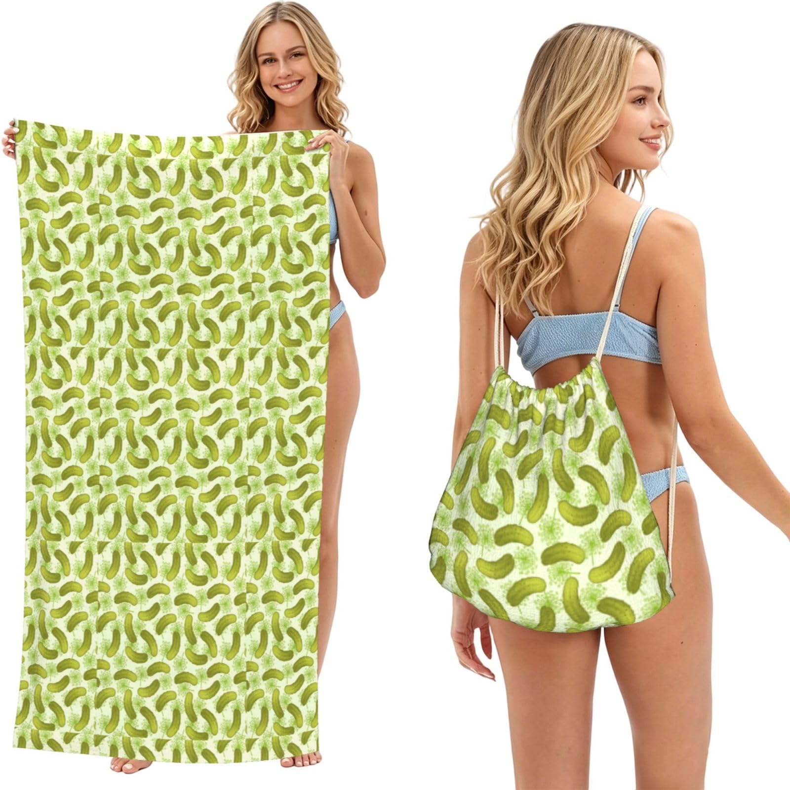 Poadnly Pickles, 2 in 1 Packable Towel Bag, Beach Towels with Drawstring Backpack for Travel Holiday Camping