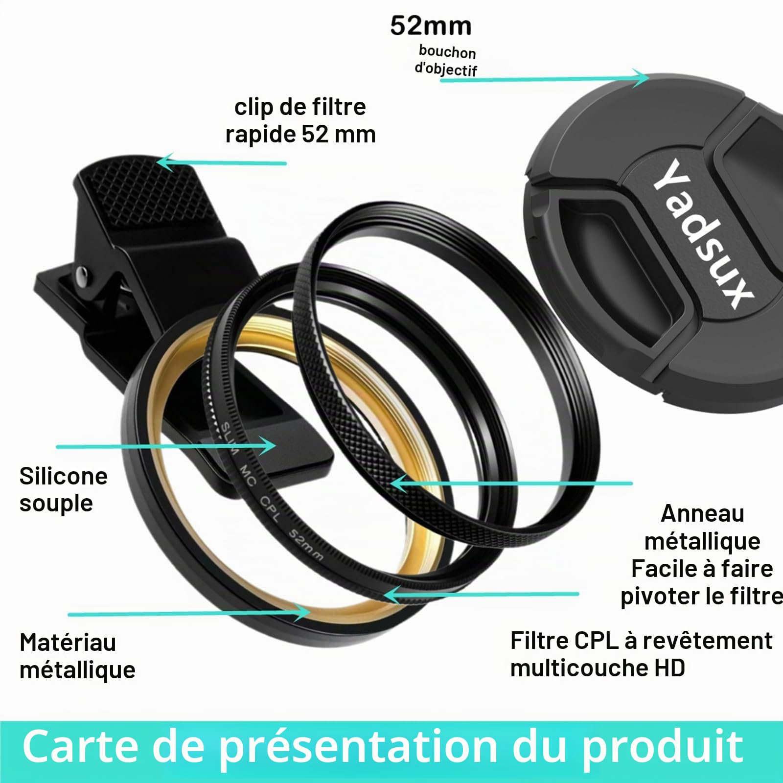 Filtre polarisant CPL pour smartphone iPhone Samsung - Adaptateur à clipser HD double face - Objectif reflex multicouche verre optique