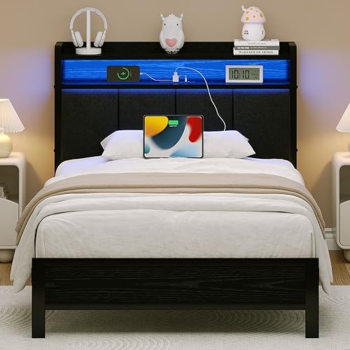 Base de cama individual con luces LED y estación de carga, base de cama de plataforma de metal individual con cabecera de almacenamiento tapizada,