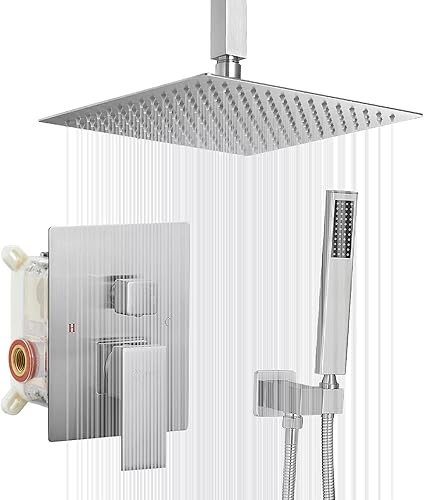 BWE Cabezal de ducha de lluvia de 12 pulgadas con sistema de ducha de mano de níquel cepillado montado en el techo, grifo de ducha de baño,