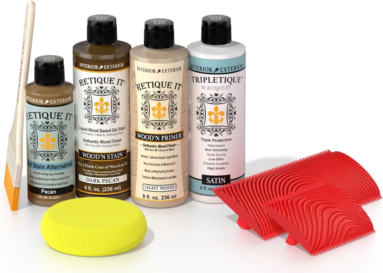 Retique It Wood Finish Tabletop Kit  Go Beyond Faux Wood Including Paintable Liquid Wood Based Primer, Gel Stain - Graining Tools Included (Tabletop Kit, Dark Pecan)
