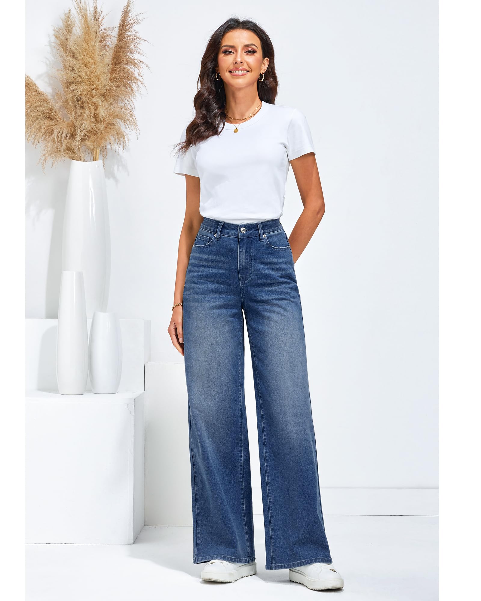 Roskiky Jean large pour femme, avec taille haute et poches, stretch, pantalon baggy années 1990