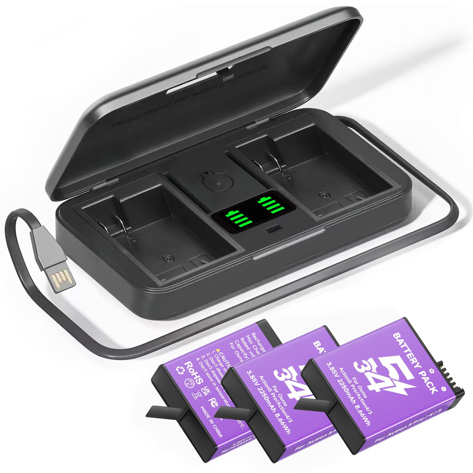 CITYORK 2250 mAh (Paquete de 3) Kit de Cargador de batería para dji Osmo 360/ dji Osmo Action 6 Pro/Action 5 Pro/Osmo 4 /Osmo 3 Sport Camera, y Ranuras de Doble Canal, con Pantalla LCD y Cable USB