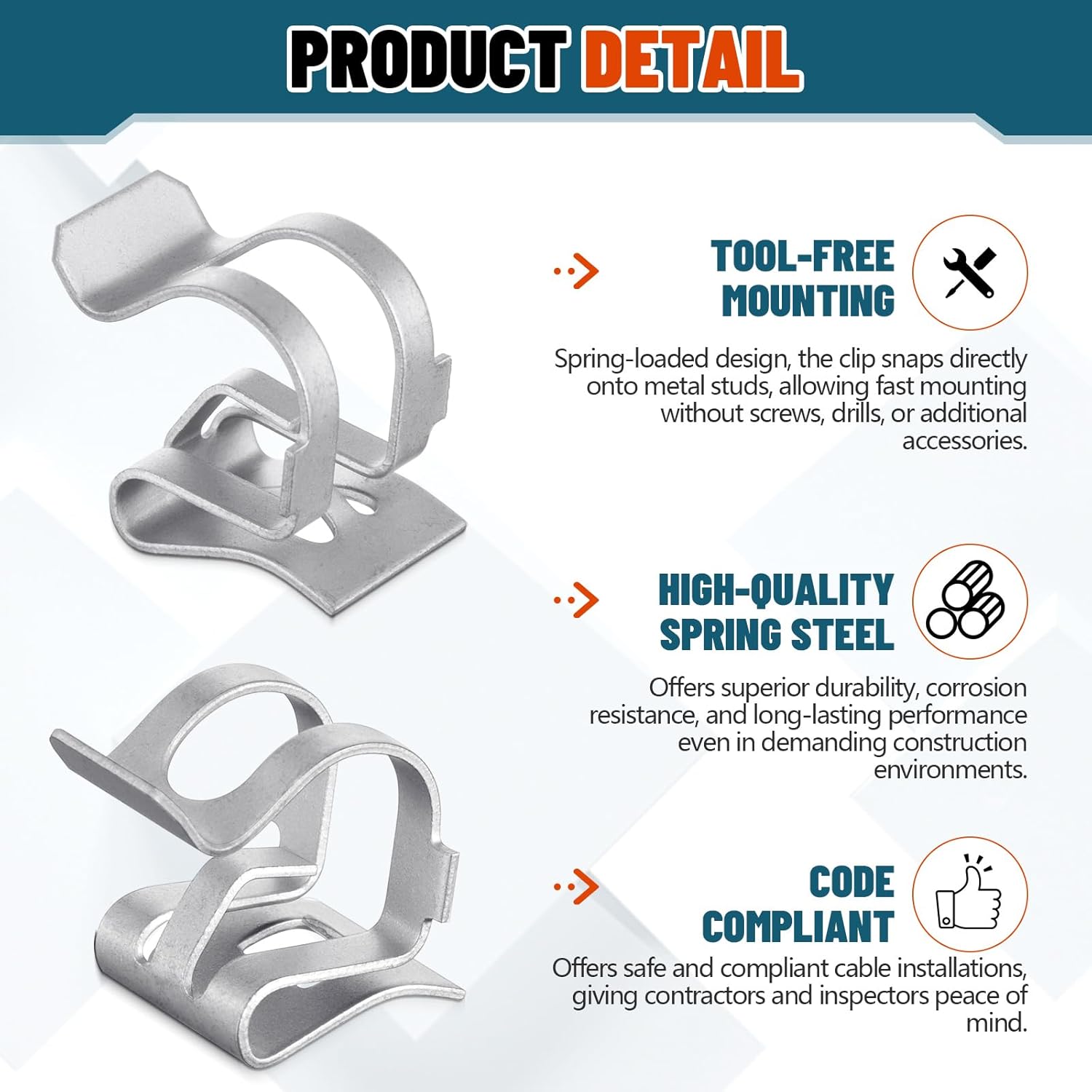 Hicarer 100 Pcs AC Cable to Metal Stud Clip Spring Steel Fastener Clamp Beam Fits 14-2 to 12-3 Cables Durable Corrosion-resistant Fastener for Fast Cable Installation Metal Stud Attachment