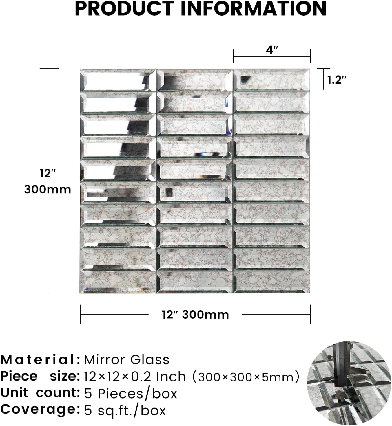 Peel and Stick Mirror Glass Mosaic Tile Self Adhesive 12 x 12 Inch Strip Mirror Tiles for Kitchen Backsplash Bathroom Wall(5 Sheets, Dark Antique)