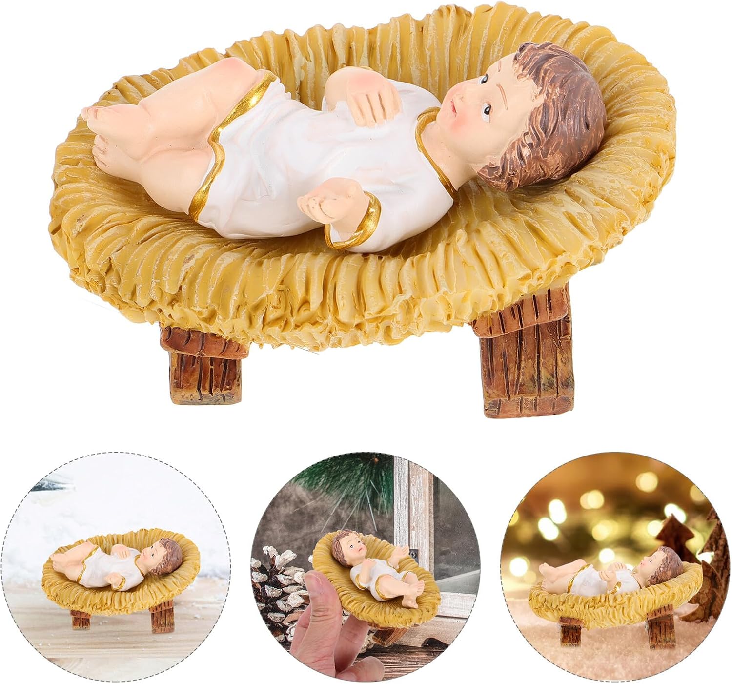 Jesus Figurine Resin Sculpture Round Crib Tabletop Nativity Decor Religious Ornament for Home Office Christmas Display