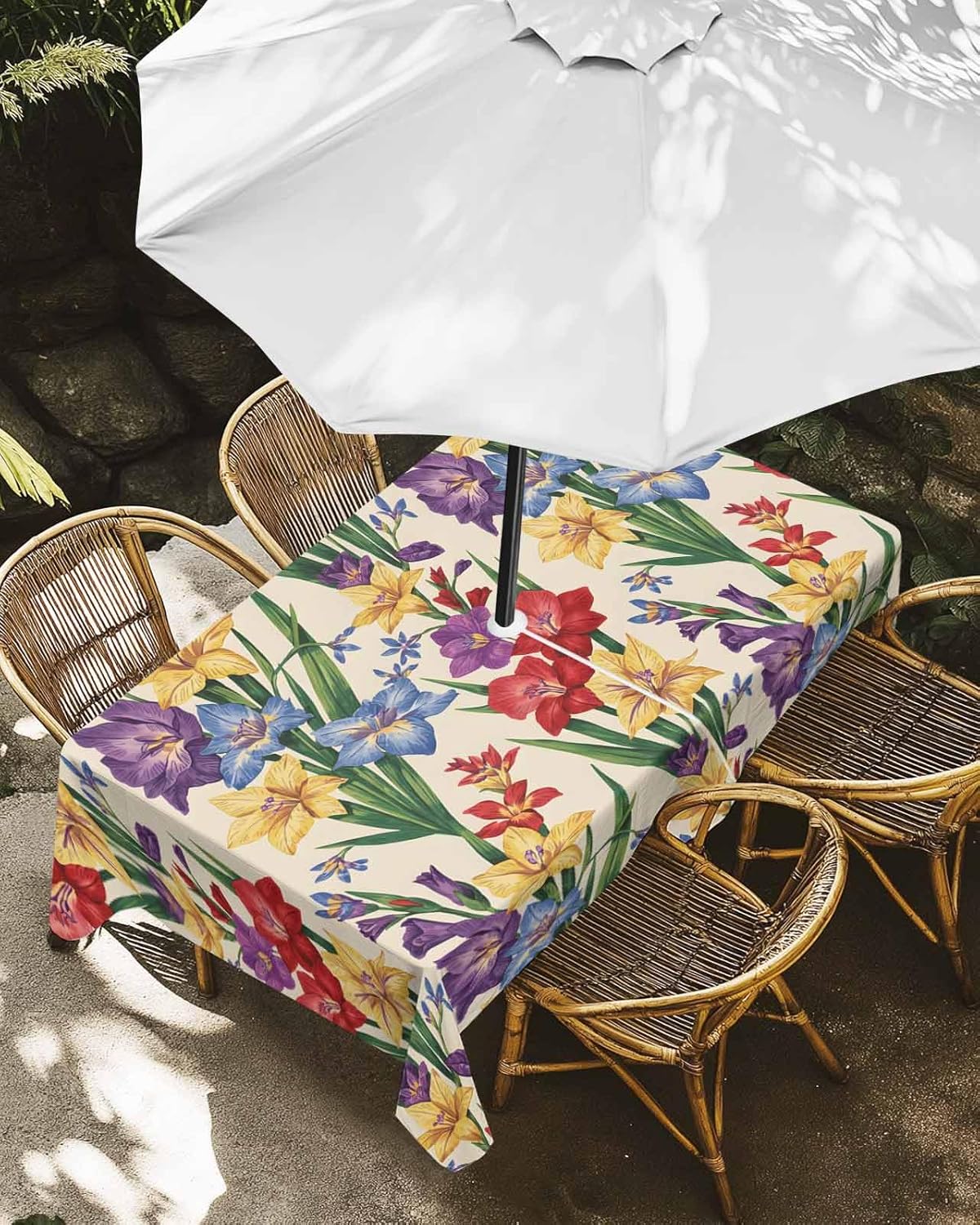 Outdoor Tablecloth with Umbrella Hole and Zipper, Spring Florals Waterproof Table Cloth for Patio/Party/Picnic, Blue Red Yellow Flowers Table Cover, 60x102 Inch Rectangle