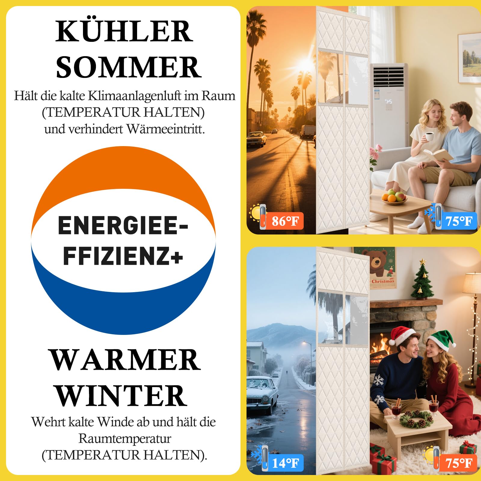 fowong Magnet Wärmeschutzvorhang für Türen 100x220 cm, Thermo Türvorhang langlebiges Oxford-Tuch und Polyesterfaserfüllung, Wetterfest, Winddicht, Schallisoliert, mit klaren Fenstern, Weiß