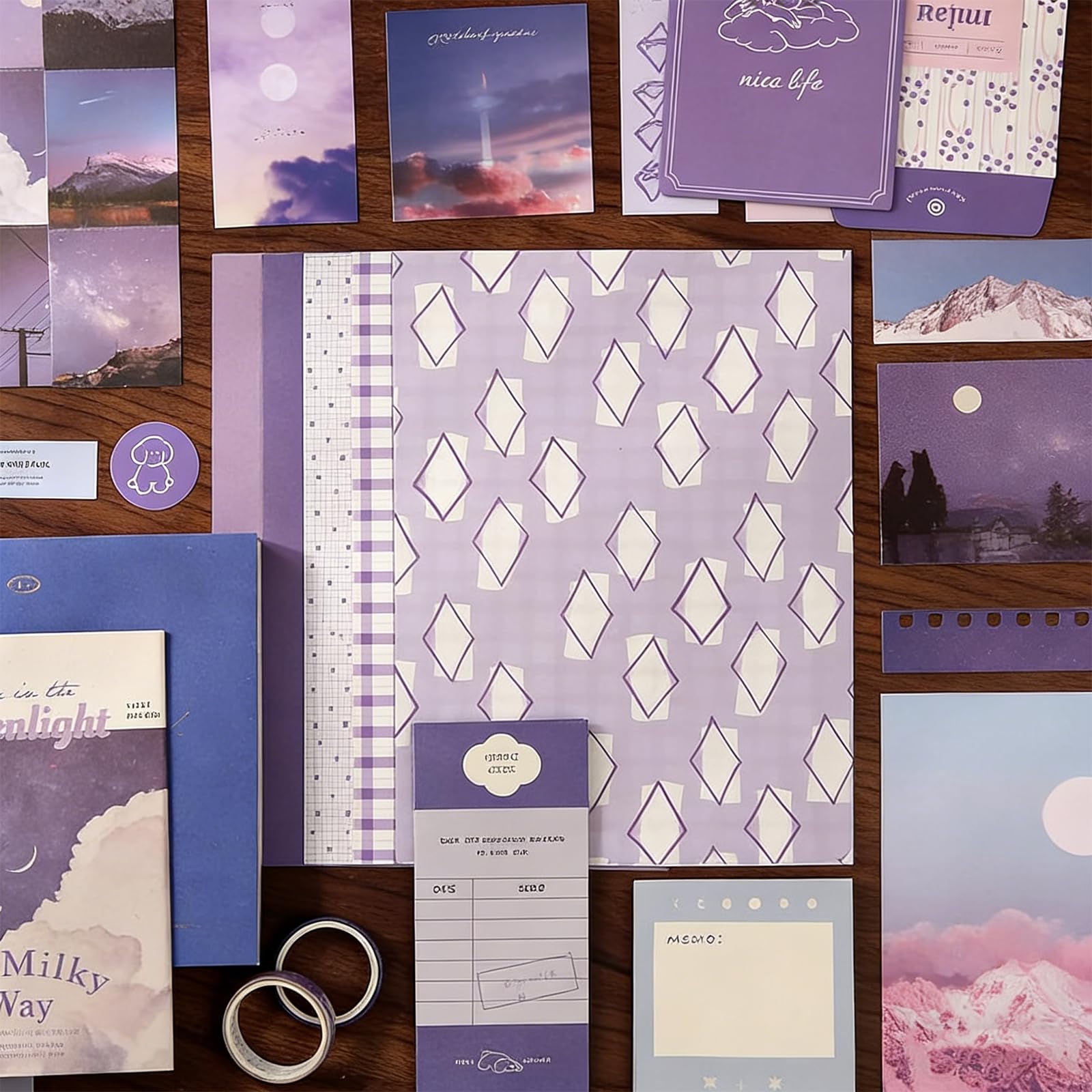 Kit de Scrapbook Estético 348 Piezas, Set de Journaling con Cuaderno A6 de Cuadrícula, Materiales para Scrapbooking, Washi Tape, Estilo Púrpura, para Principiantes, Regalo Creativo