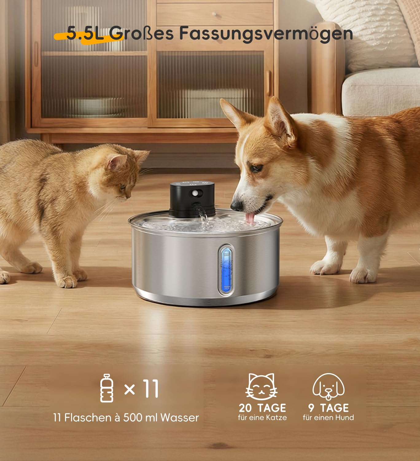 5,5 L Trinkbrunnen für Hunde Katzen Edelstahl Kabellos (6 Filter) | 5000mAh Akku mit bewegungsmelder, leiser Wasserpumpe,Scharzer