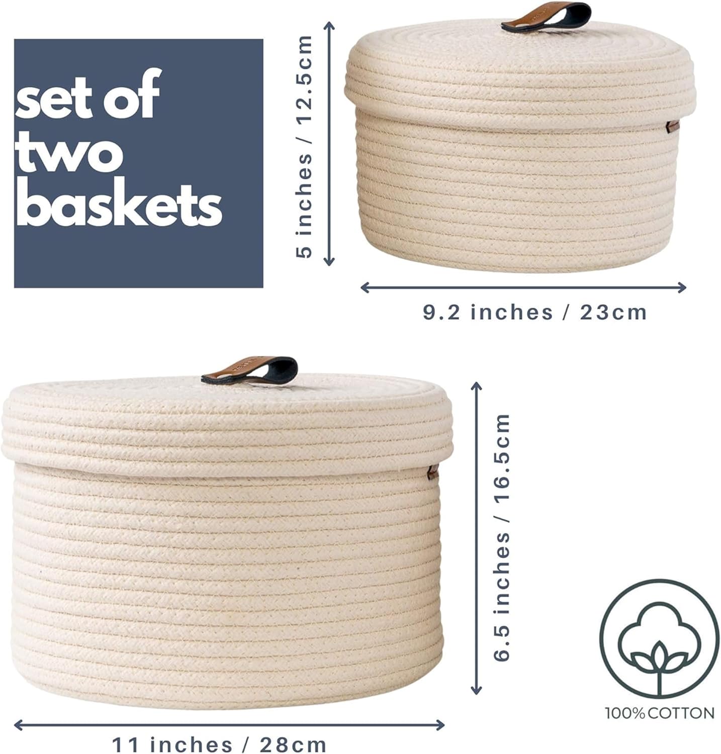 DENJA & CO Set of 2 Decorative Storage Baskets with Lids - Round Woven Baskets for Home Decor and Organizing - Small Shelf Baskets with Leather Tabs and Handles - Decorative Storage and Organizer Bins