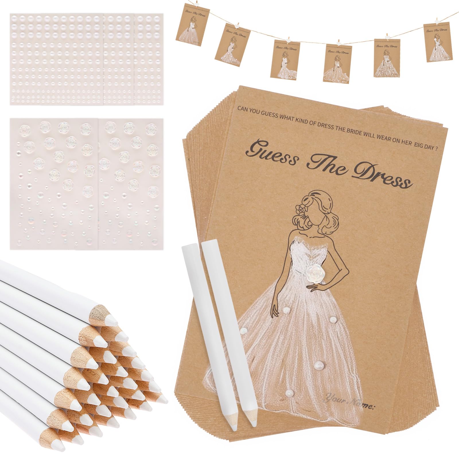 LOUJINGREO 30 Sets Guess The Dress Bridal Shower Games,Wedding Shower Hen Party Games Include Wedding Game Cards and Pencils for Guests Bachelorette Party Supplies