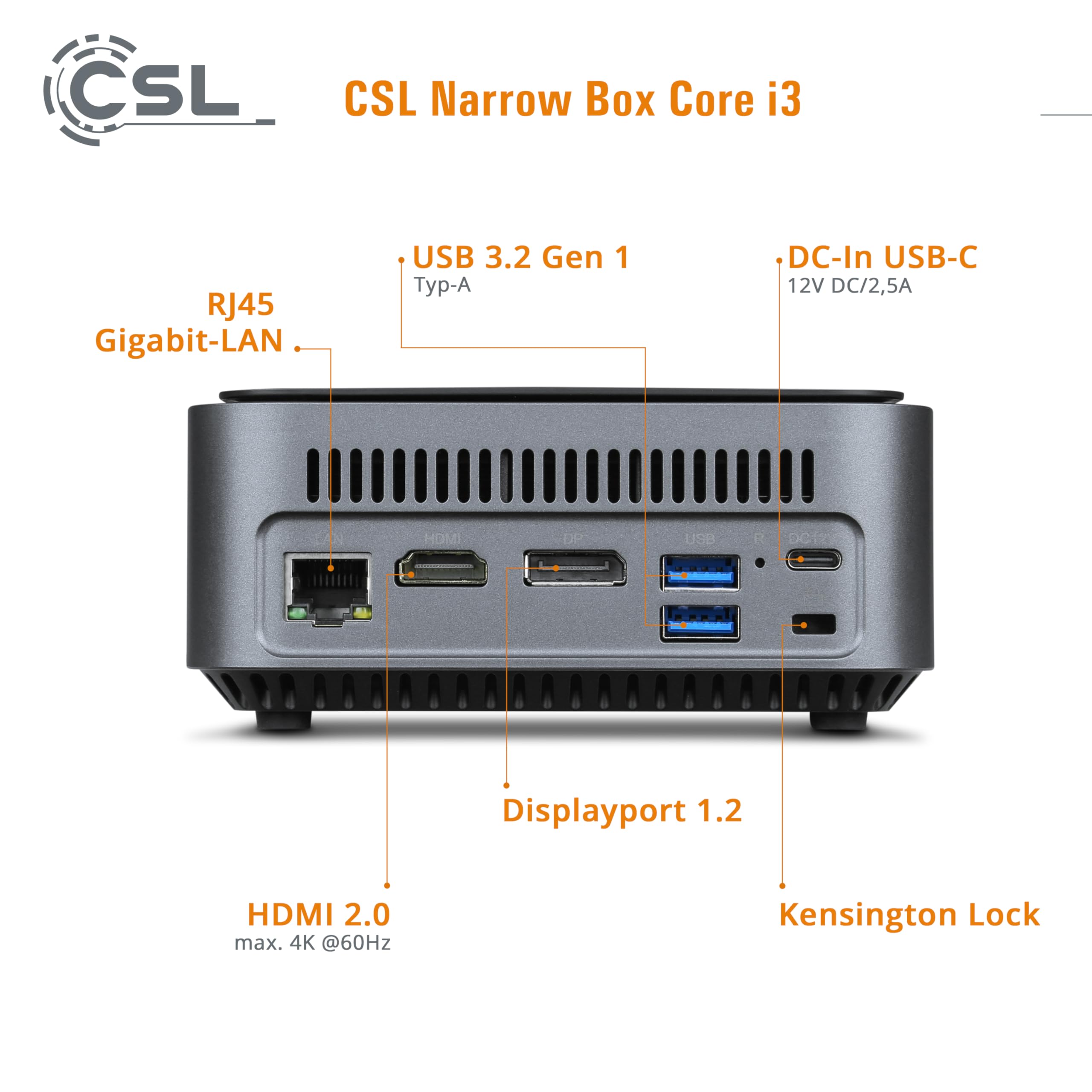 Mini PC CSL Narrow Box Core i3 Windows 11 Pro, Intel Core i3-N305 8X 3800MHz Turbo Clock, 2000GB M.2 SSD, 32GB DDR4-RAM, Intel UHD Graphics, HDMI 2, USB 3.2, BT 5.2, DisplayPort, Dual WLAN