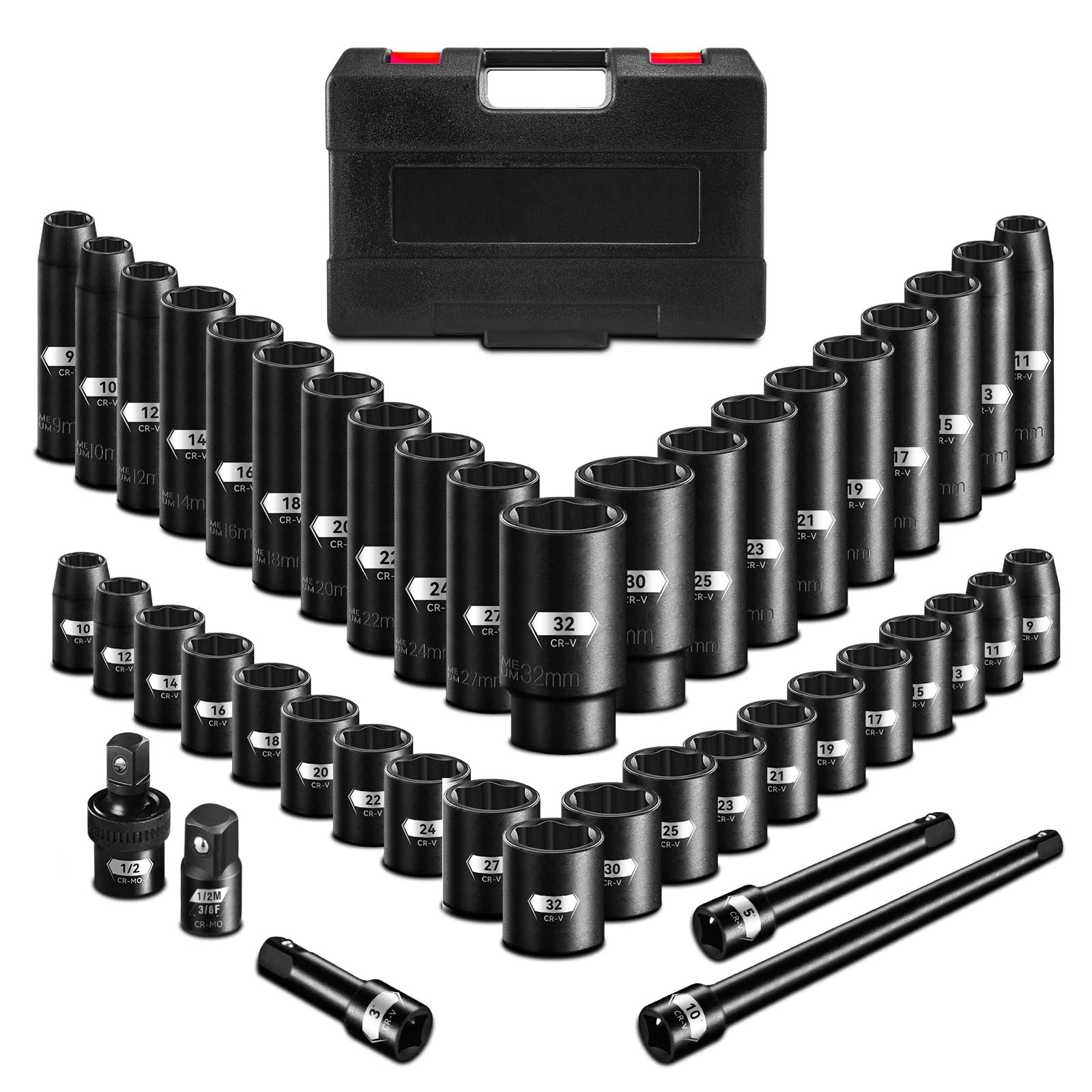 Set di 45 chiavi a bussola metriche da 1/2", set di chiavi a bussola profonde e poco profonde, con barre di estensione, adattatore e giunto universale, dimensioni 9-32 mm, design a 6 punti,