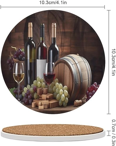 Miniatura 2 de Round-4 posavasos de cerámica para vino tinto, posavasos redondos absorbentes para bebidas, estilo vintage de madera, vino tinto, uvas, frutas y