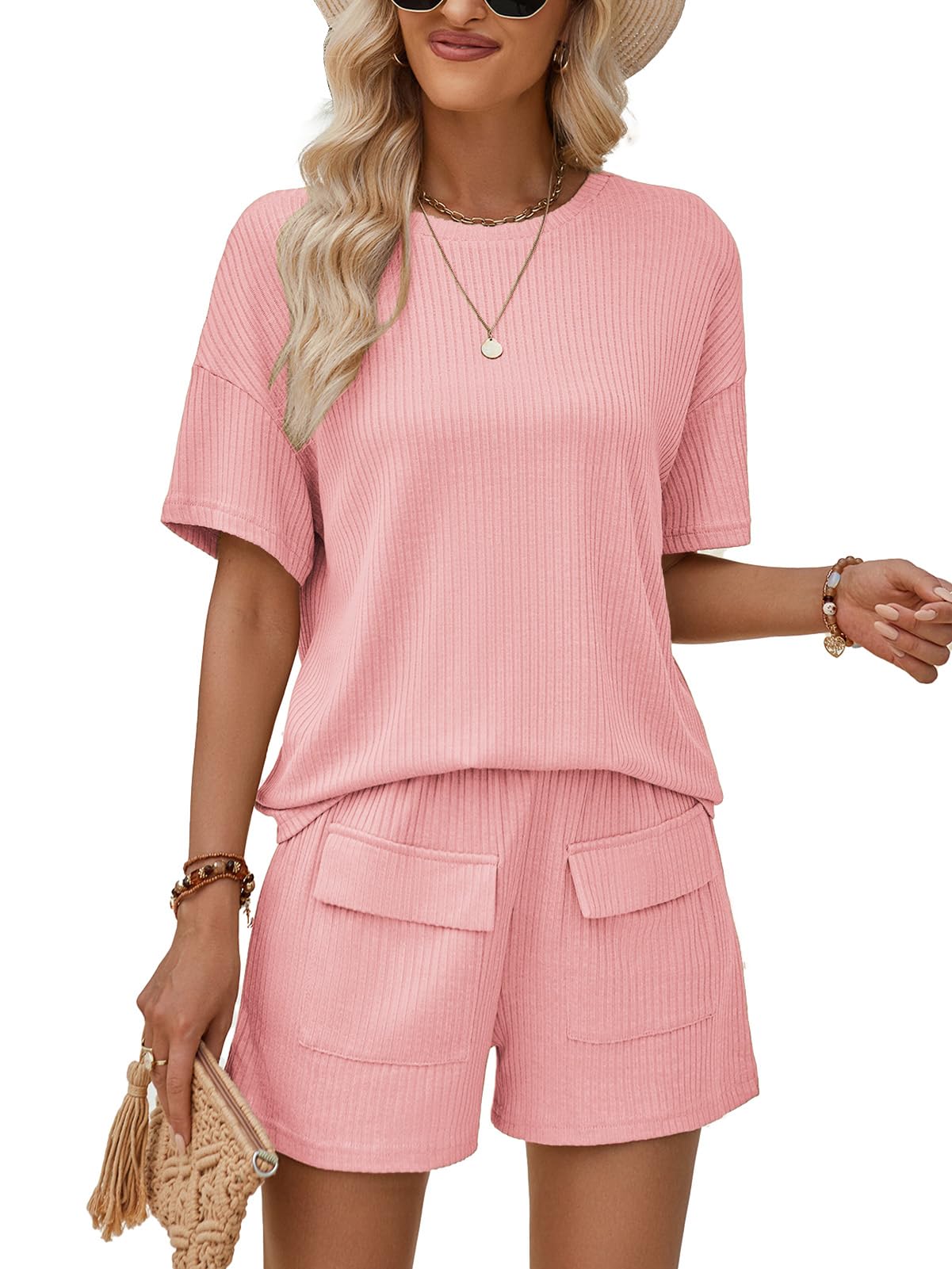 Rayson Chandal Mujer Chándal Completo 2 Piezas Verano Pantalones Cortos con Bolsillos y Cuello Redondo Top